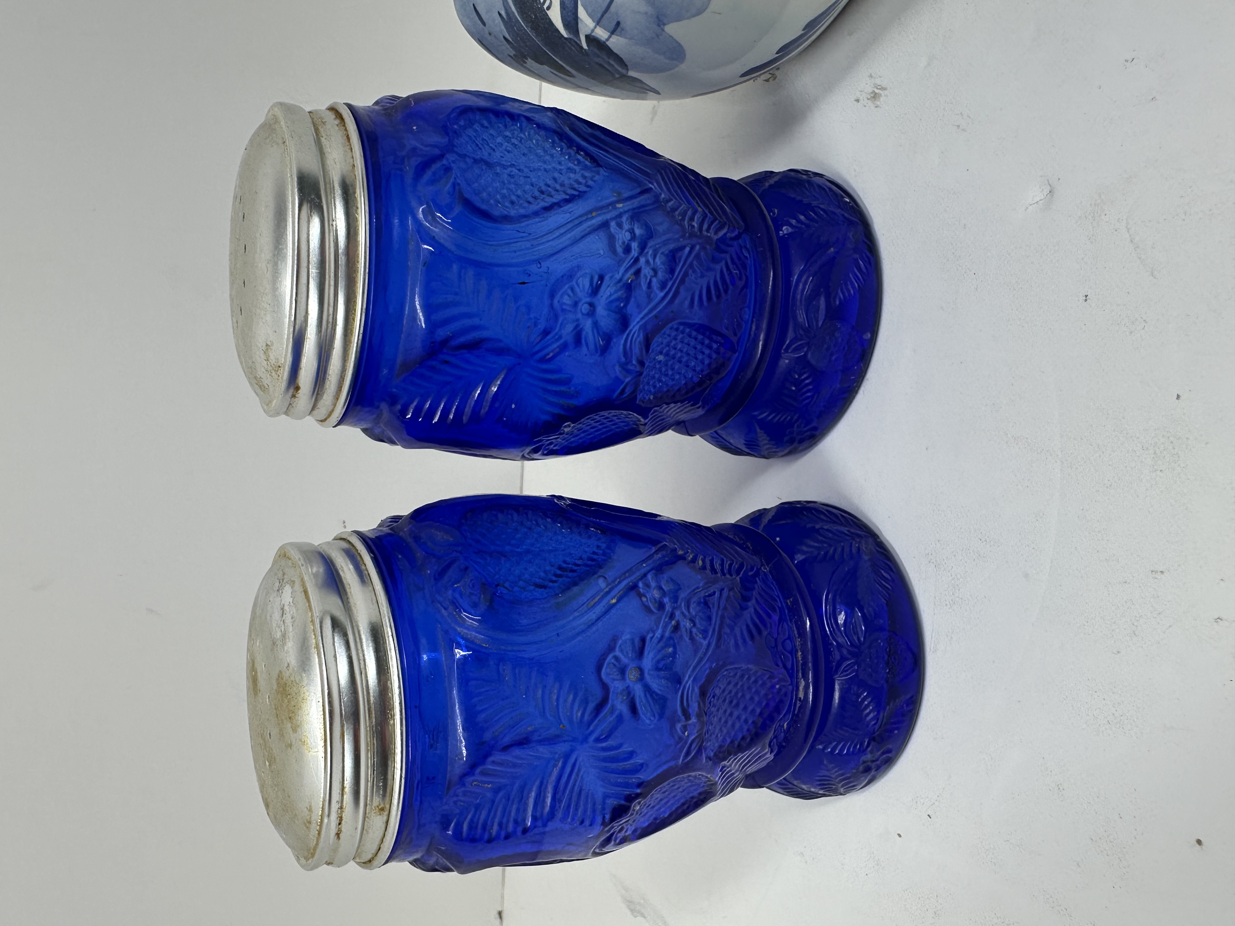 COBALT GLASS AND DELFT CERAMIC TABLEWARE