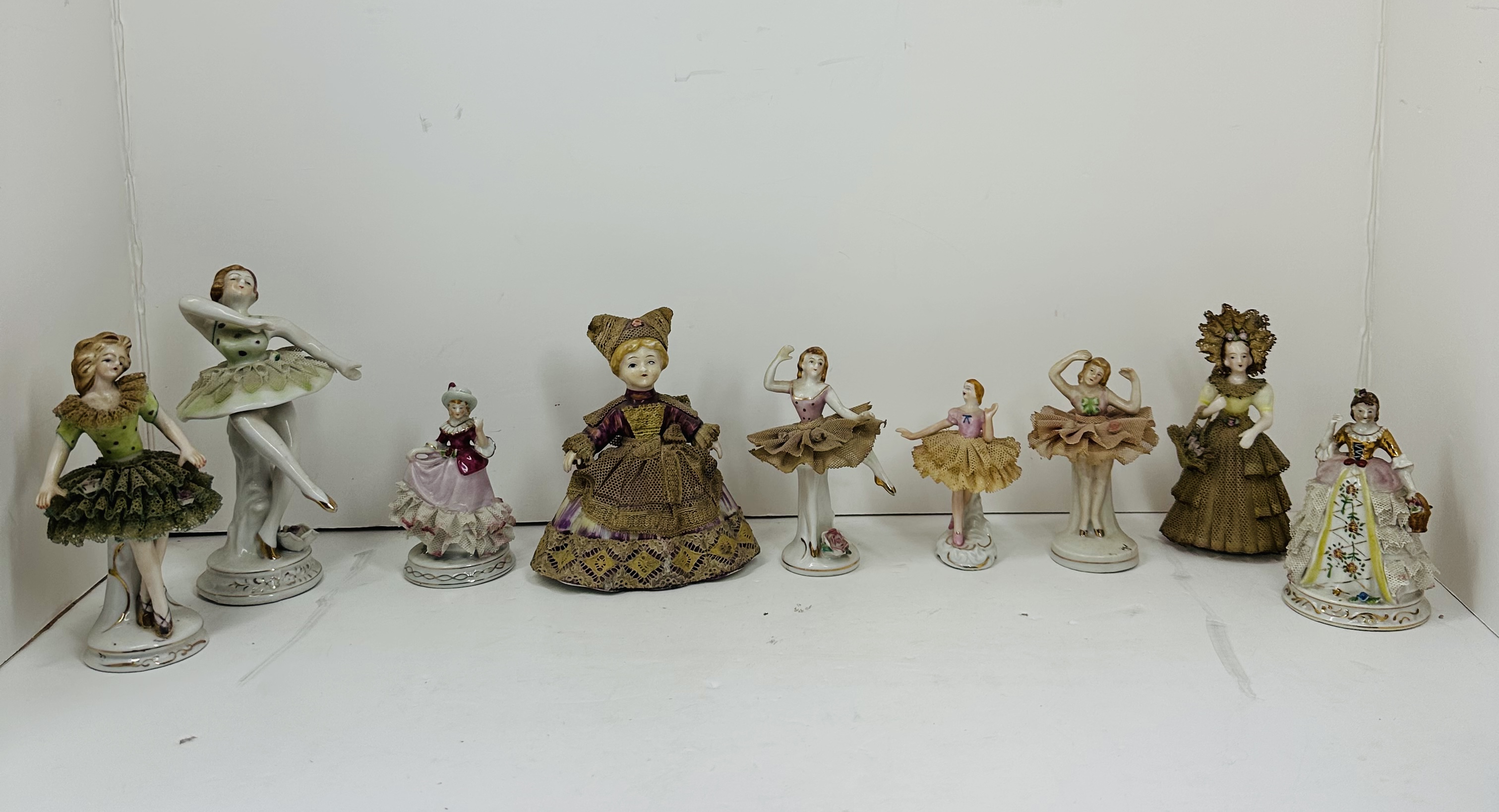 OCCUPIED JAPAN NINE LACE FIGURINES, 1945-1952