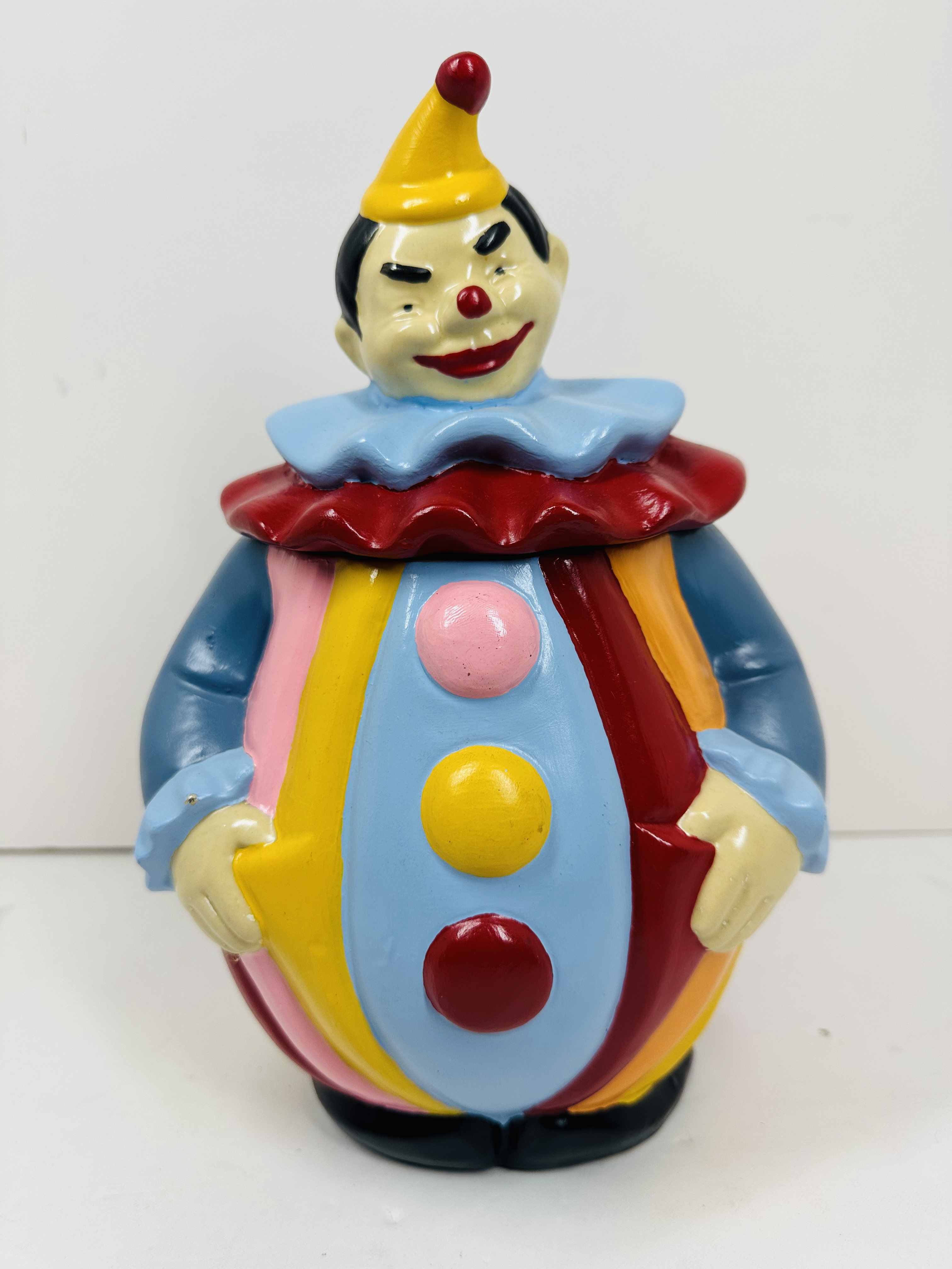 MID-CENTURY FIGURAL CLOWN CERAMIC JAR