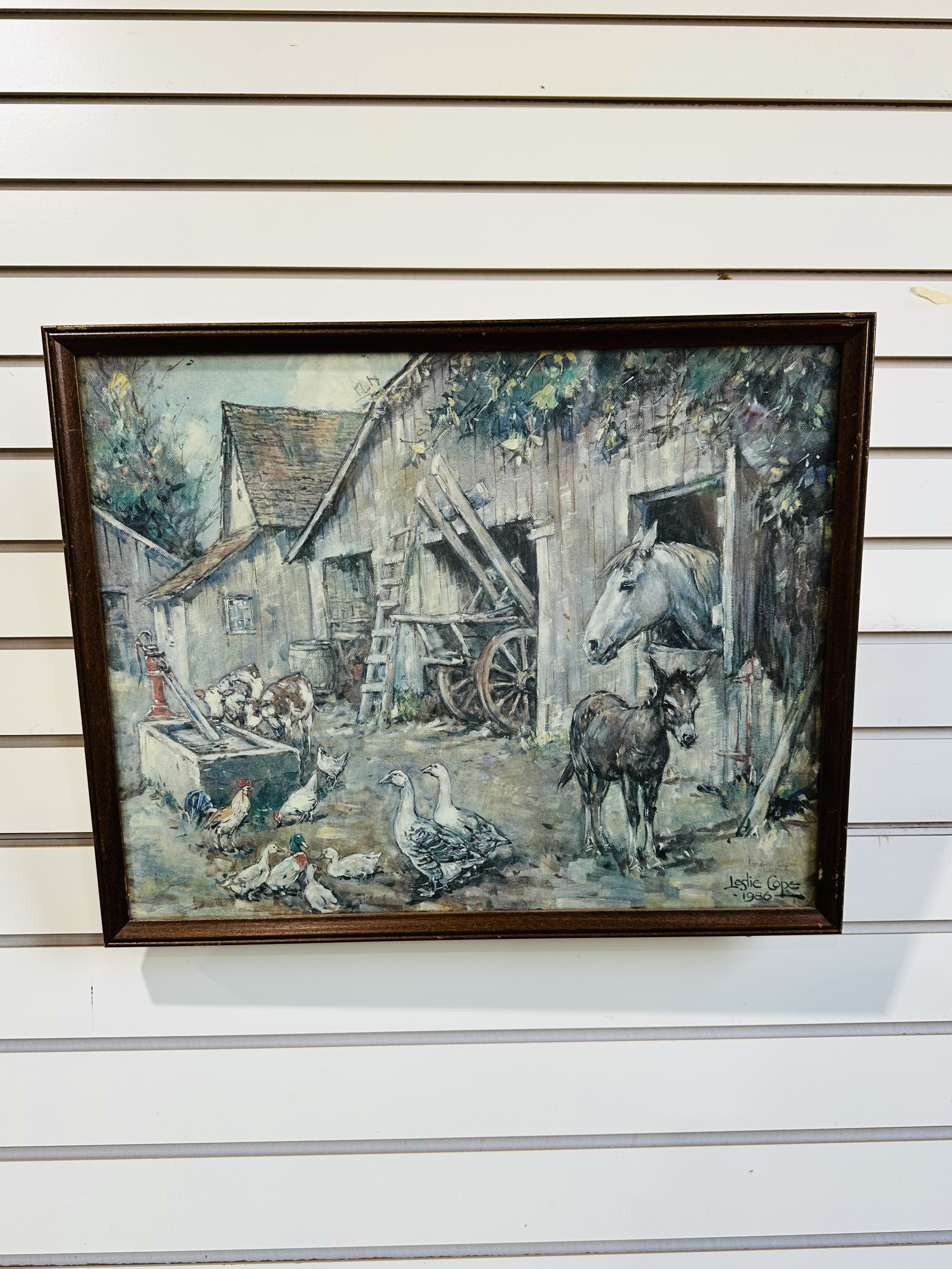 LESLIE COPE, FARMYARD SCENE OIL, 1986