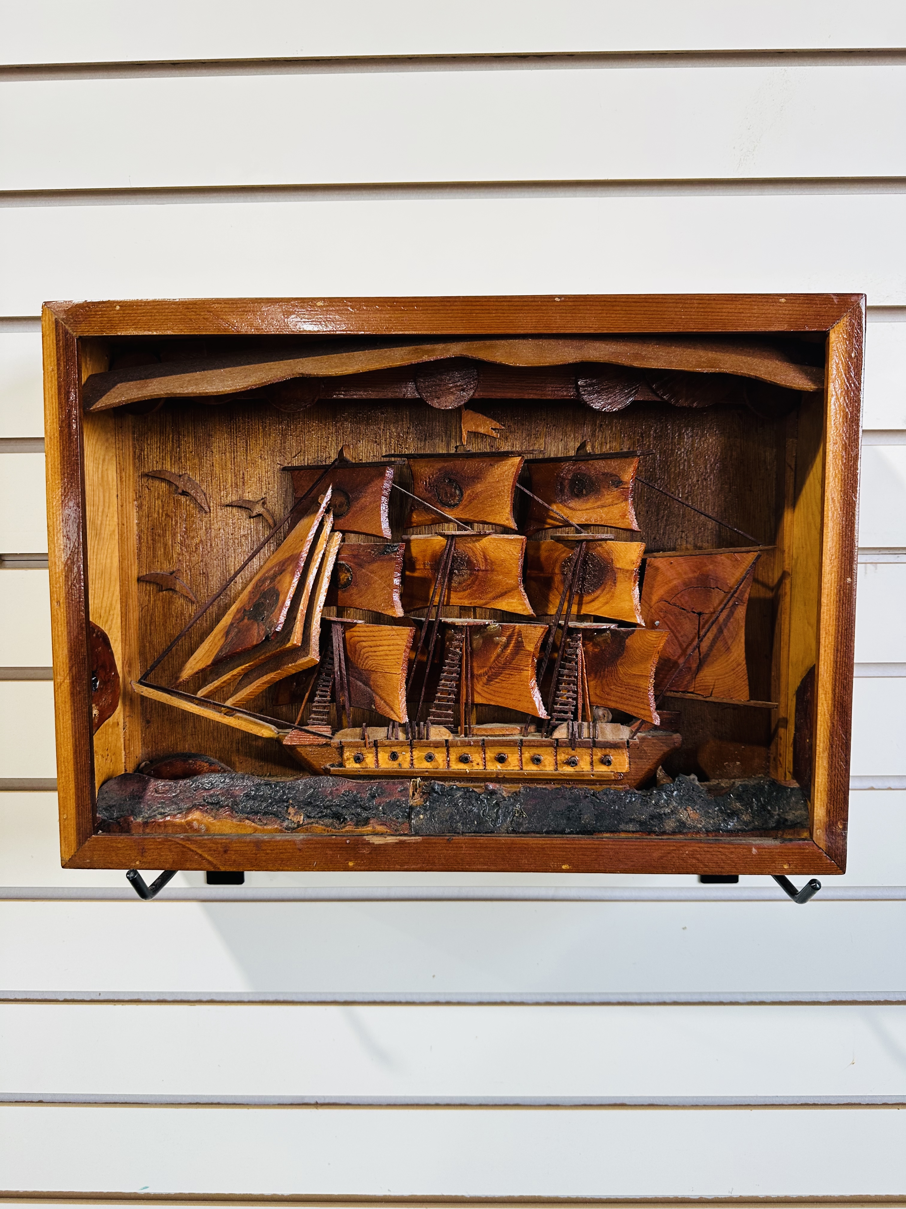 WATTS SALAMY WOOD RELIEF SHIP SHADOW BOX, MID-20TH CENTURY