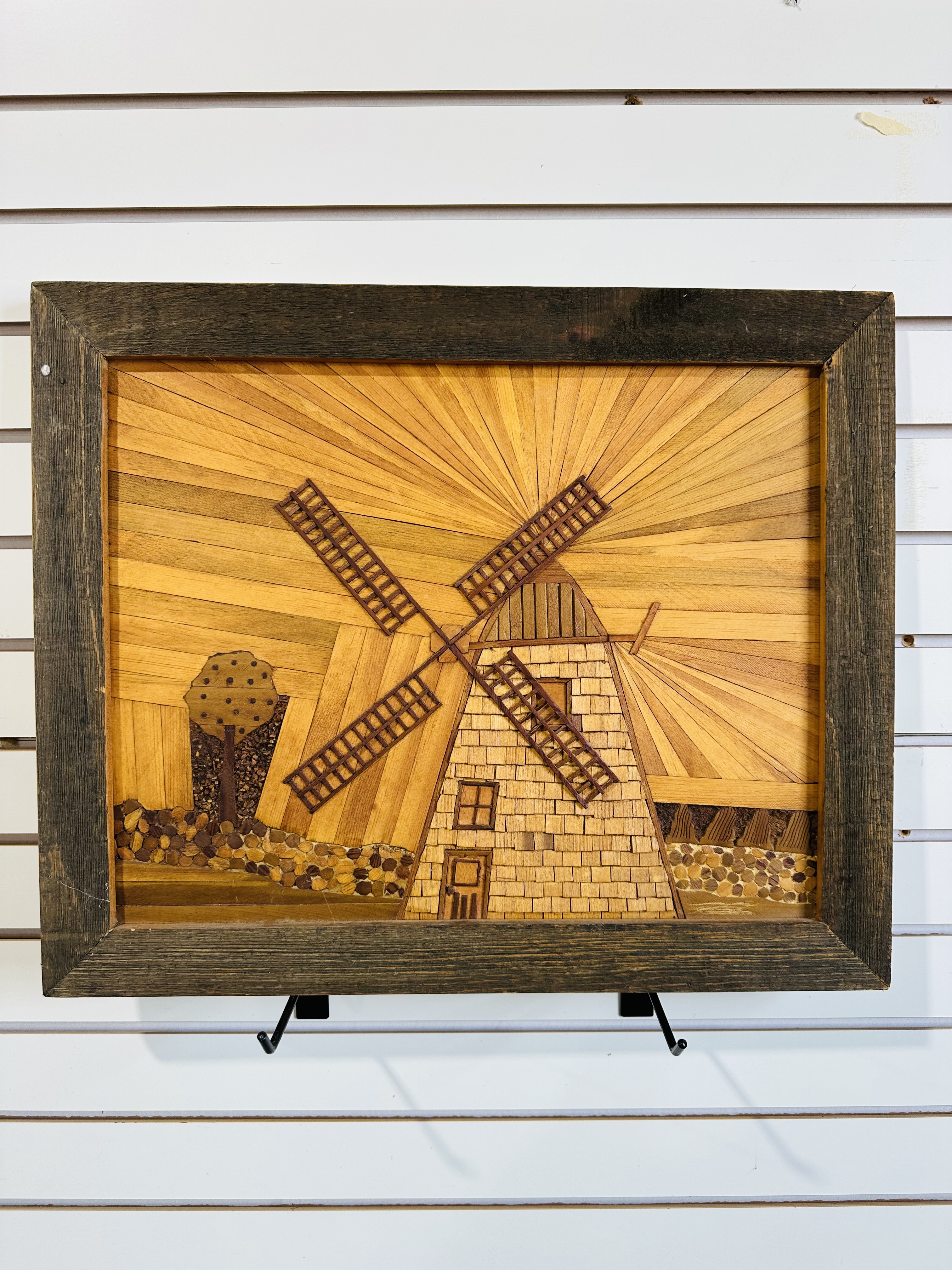 WOOD MARQUETRY WINDMILL PANEL, MID-20TH CENTURY