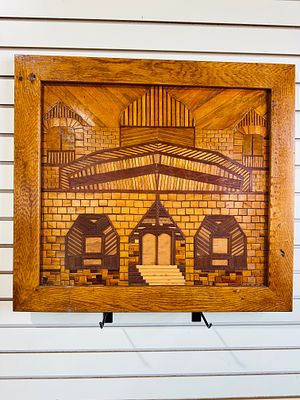 W. SALACIAK ANCIENT HALL WOOD MARQUETRY CIRCA 1975. Wood marquetry panel depicting a stylized 