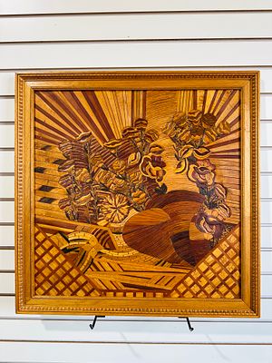 WALTER SALACIAK SWIRLS MARQUETRY 20TH CENTURY. This wood marquetry composition titled Swirls was 