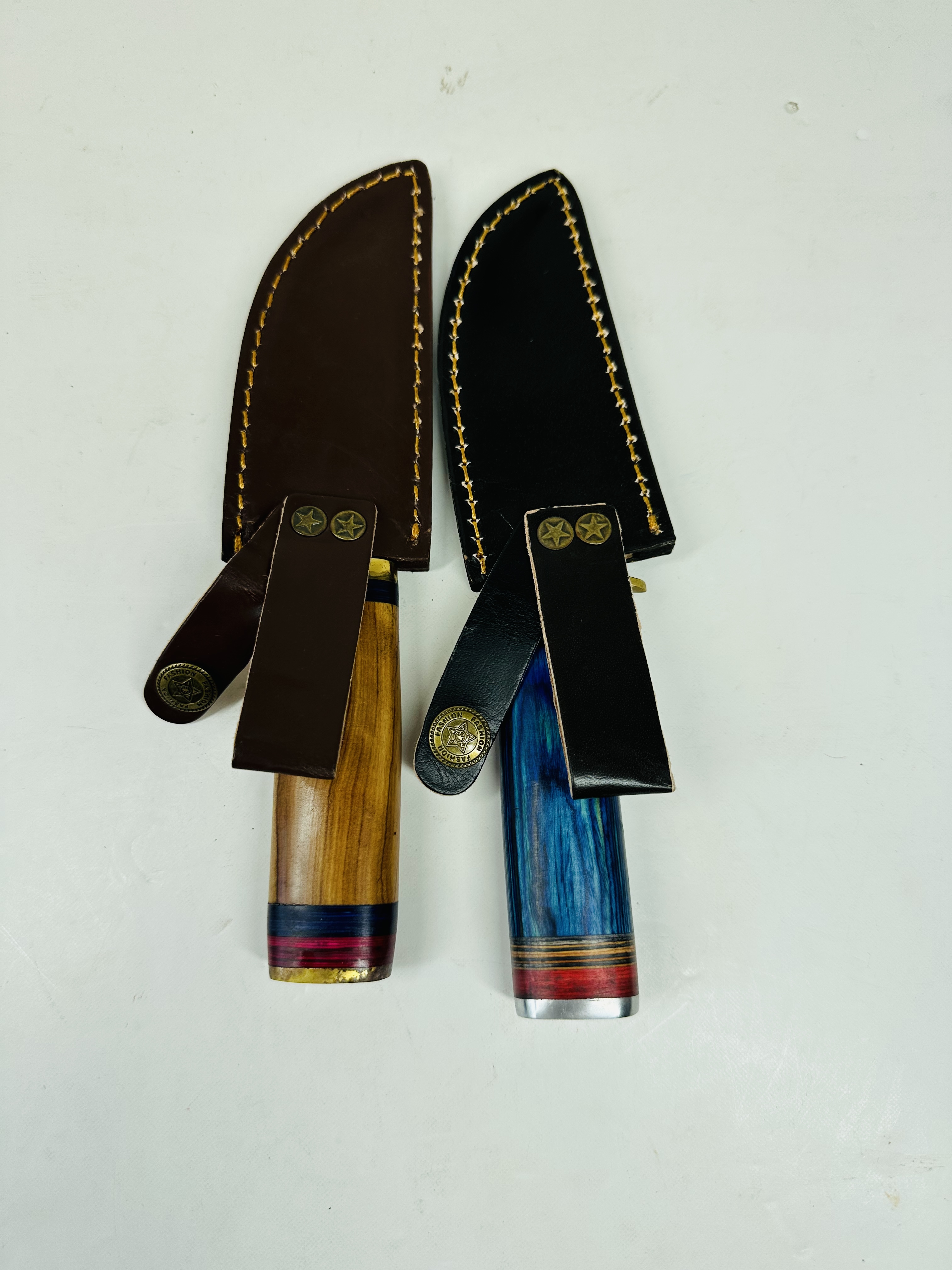TWO CUSTOM DAMASCUS AND STEEL HUNTING KNIVES