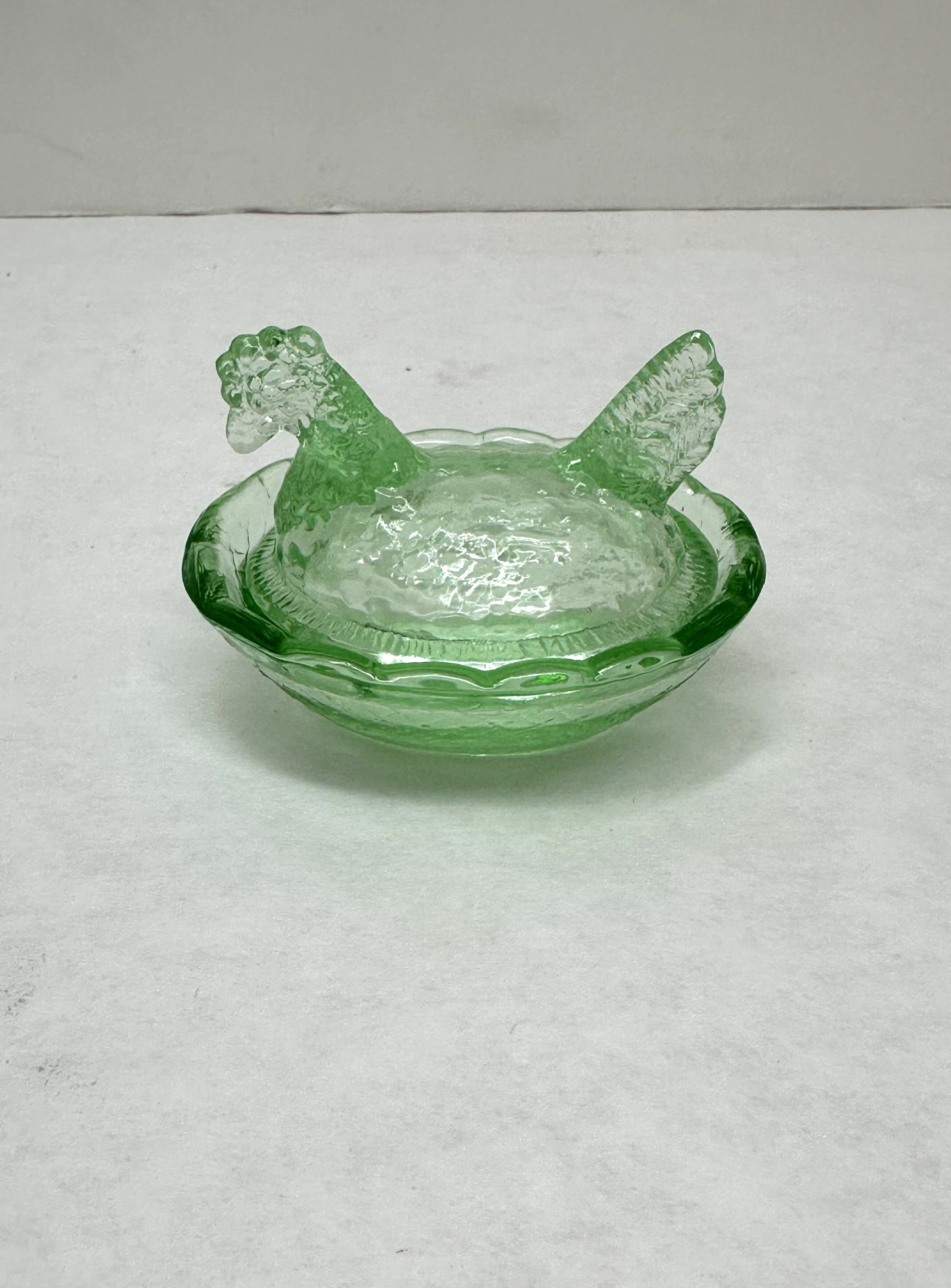 GREEN GLASS HEN ON NEST, VINTAGE