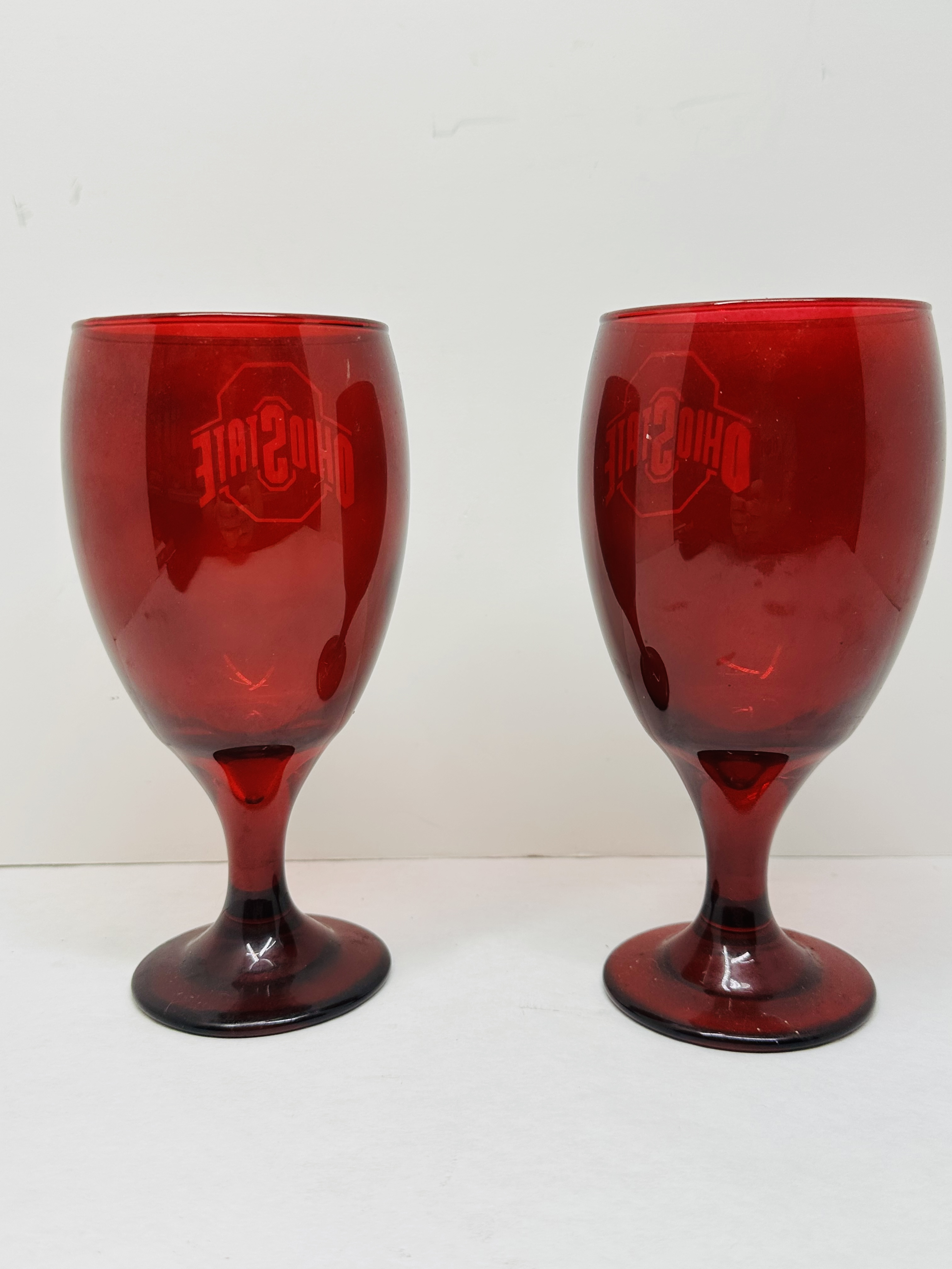 A PAIR OF MOSSER GLASS OHIO STATE UNIVERSITY SCARLET GOBLETS