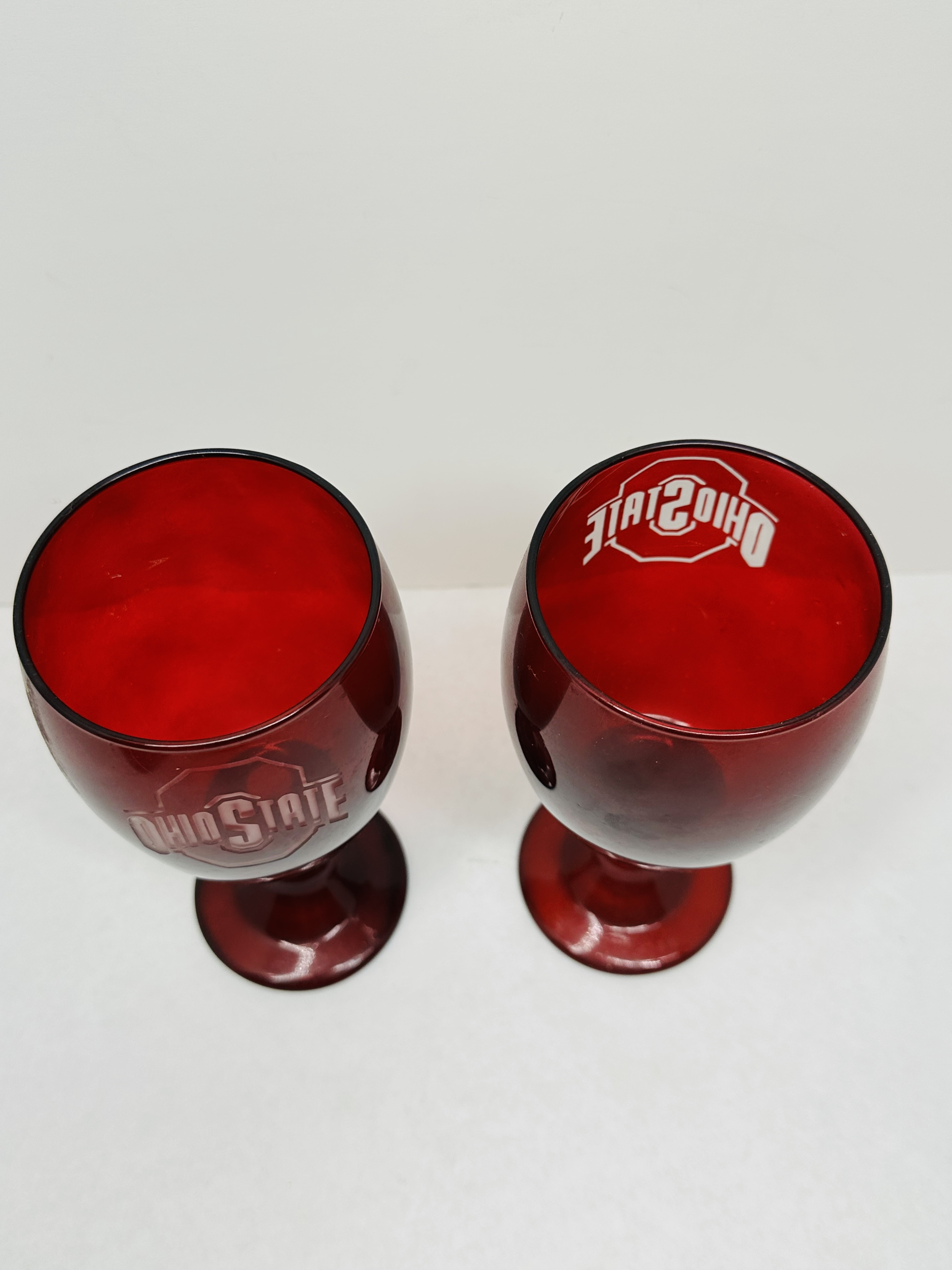 A PAIR OF MOSSER GLASS OHIO STATE UNIVERSITY SCARLET GOBLETS