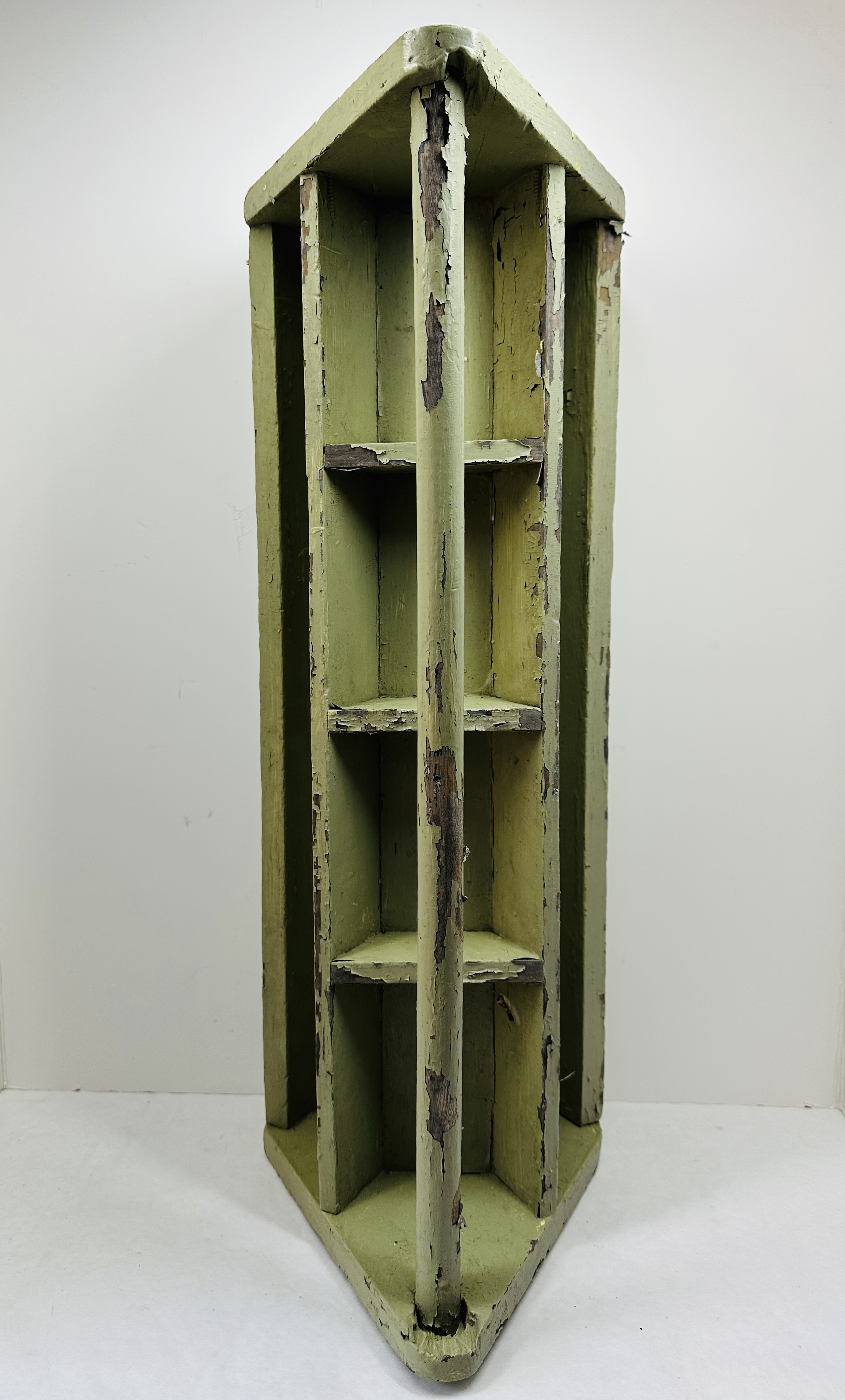 PAINTED PINE INDUSTRIAL CORNER SHELF, MID-20TH CENTURY