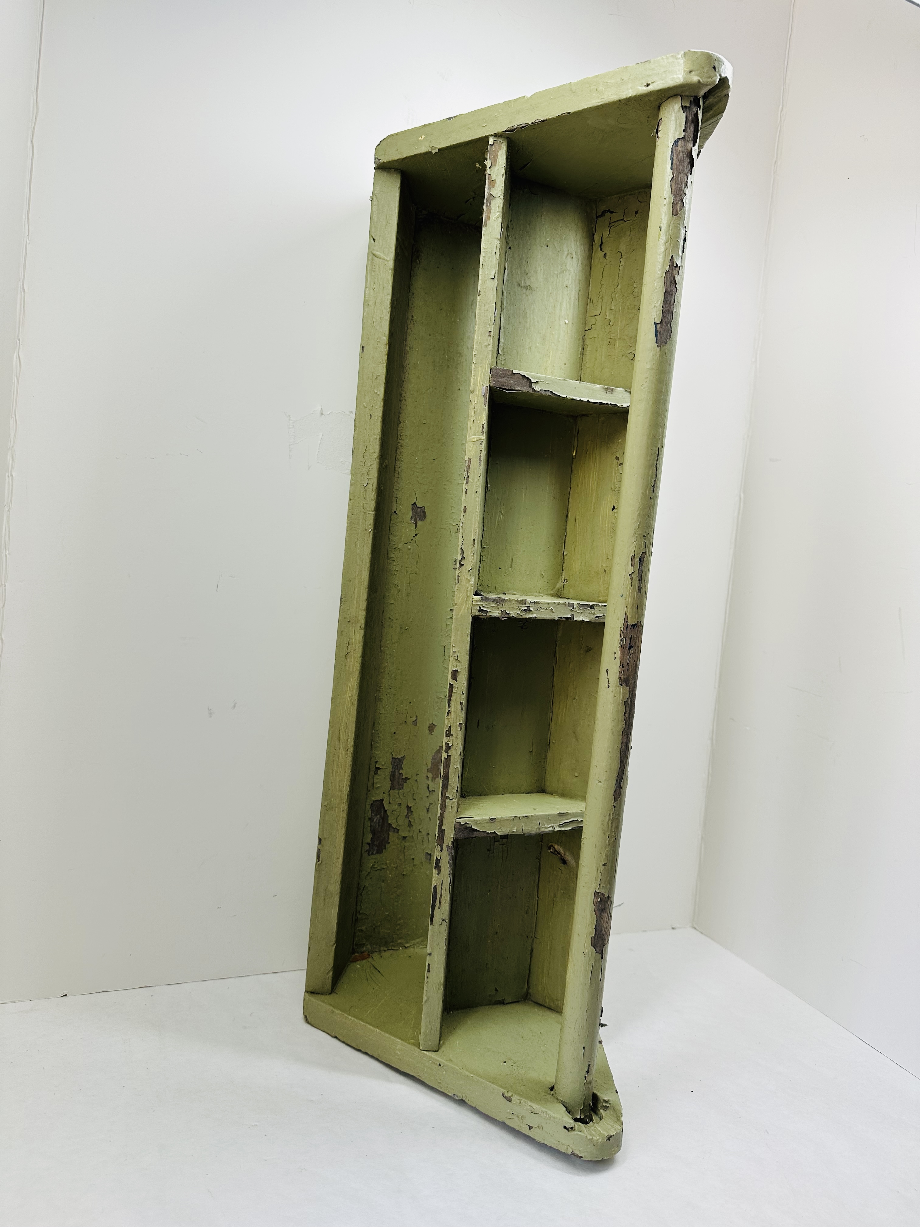 PAINTED PINE INDUSTRIAL CORNER SHELF, MID-20TH CENTURY