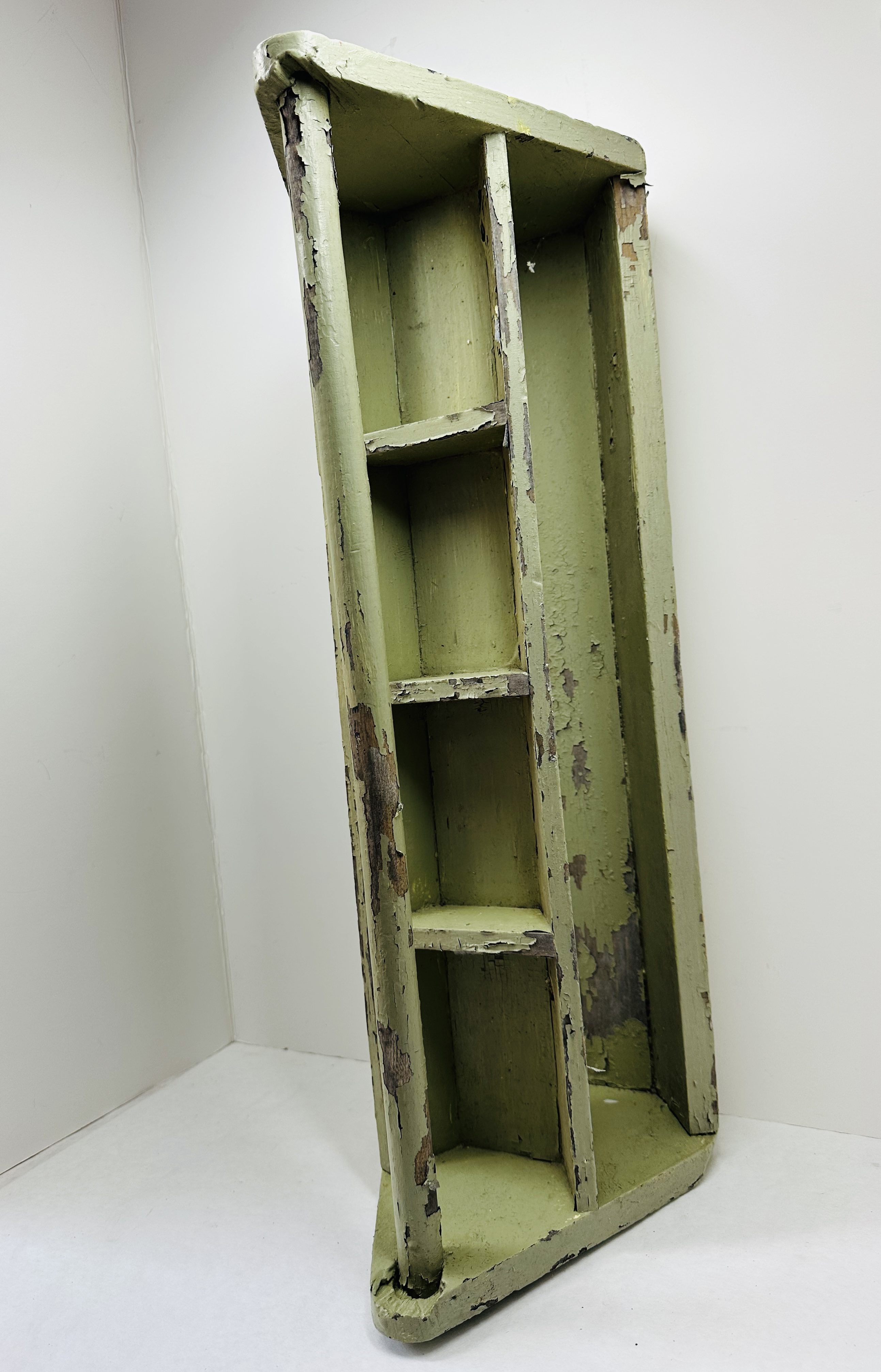 PAINTED PINE INDUSTRIAL CORNER SHELF, MID-20TH CENTURY