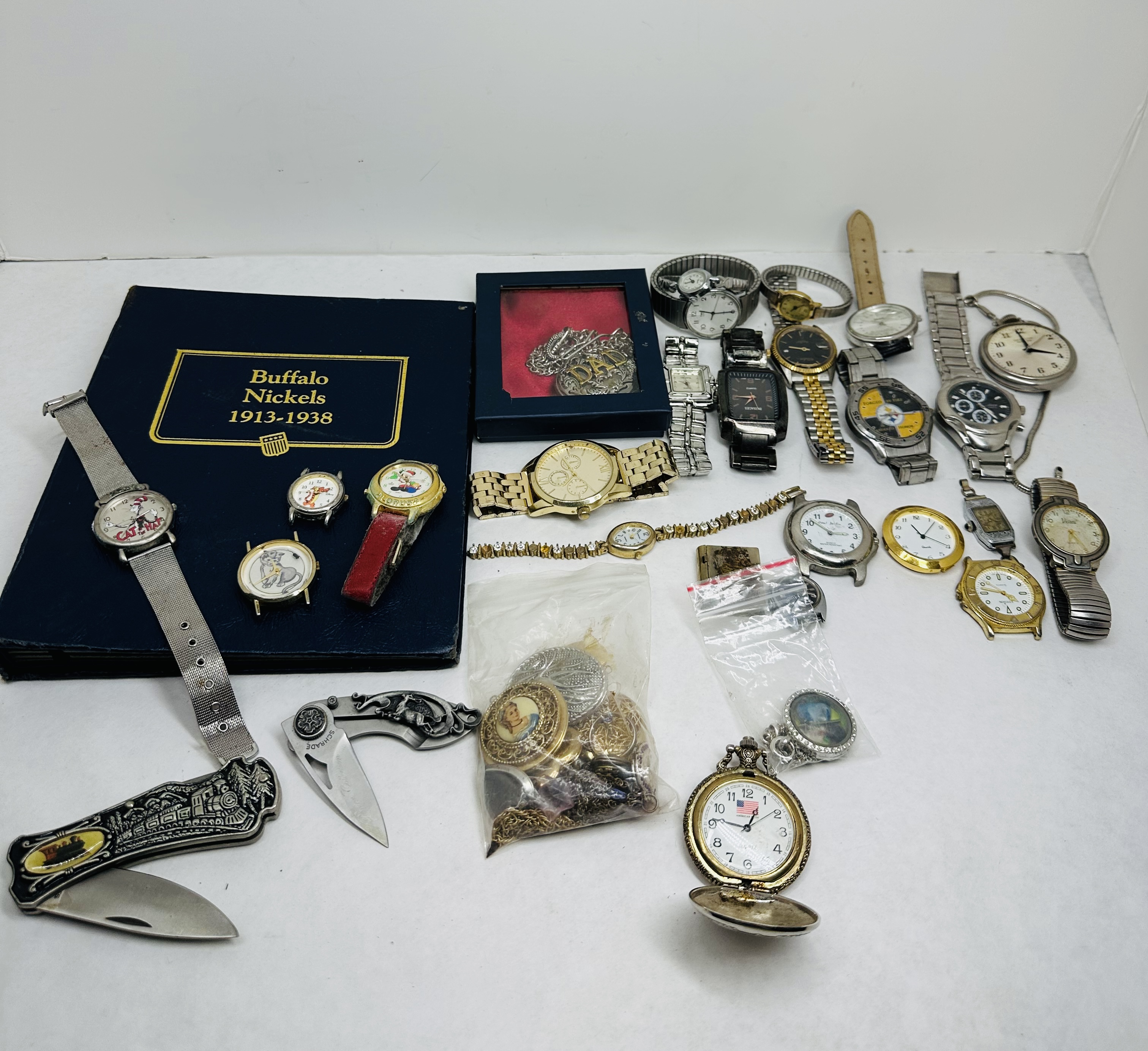VARIOUS WATCHES, KNIVES, AND JEWELRY