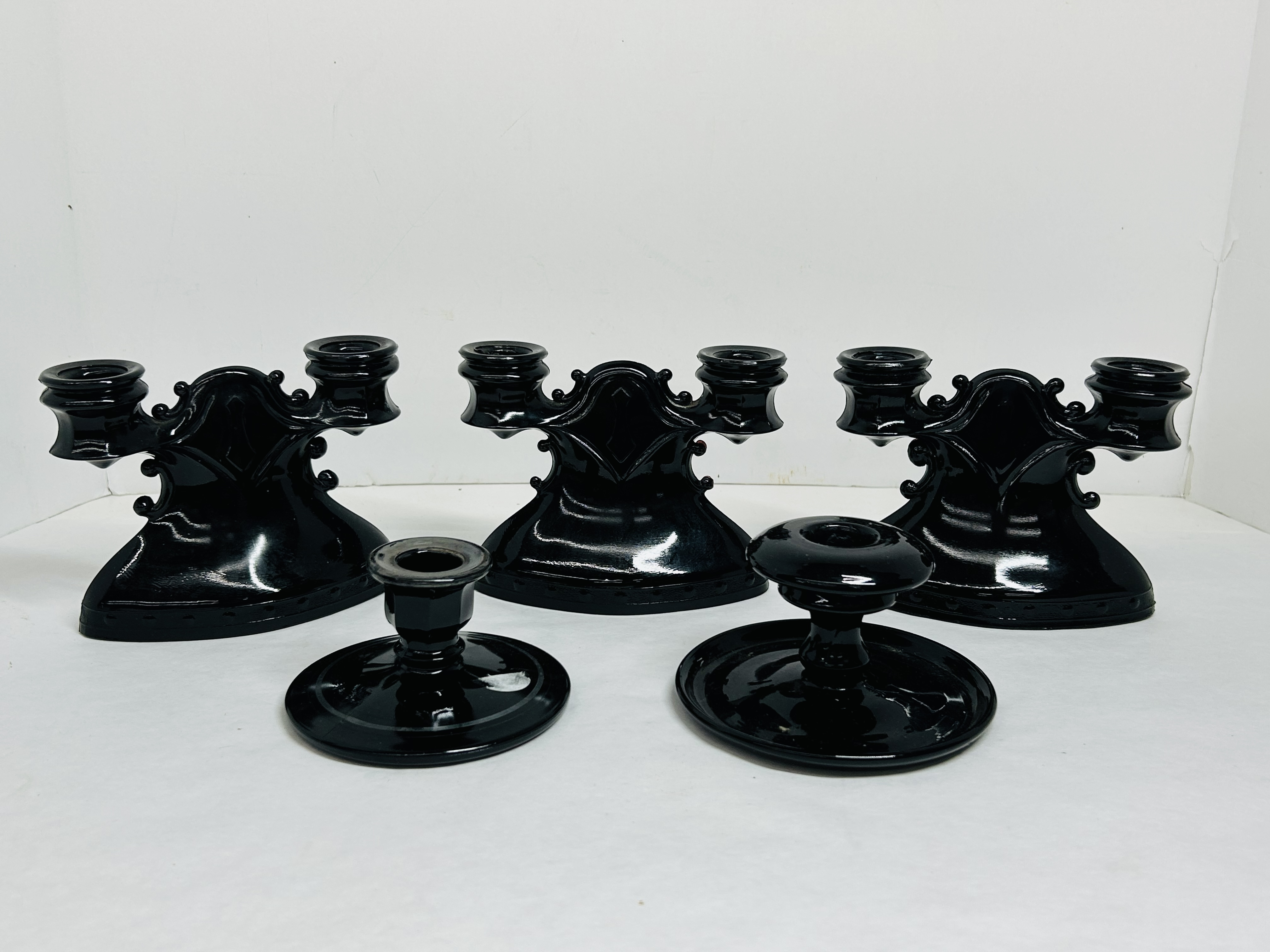 L.E. SMITH BLACK GLASS CANDLESTICKS, 20TH CENTURY