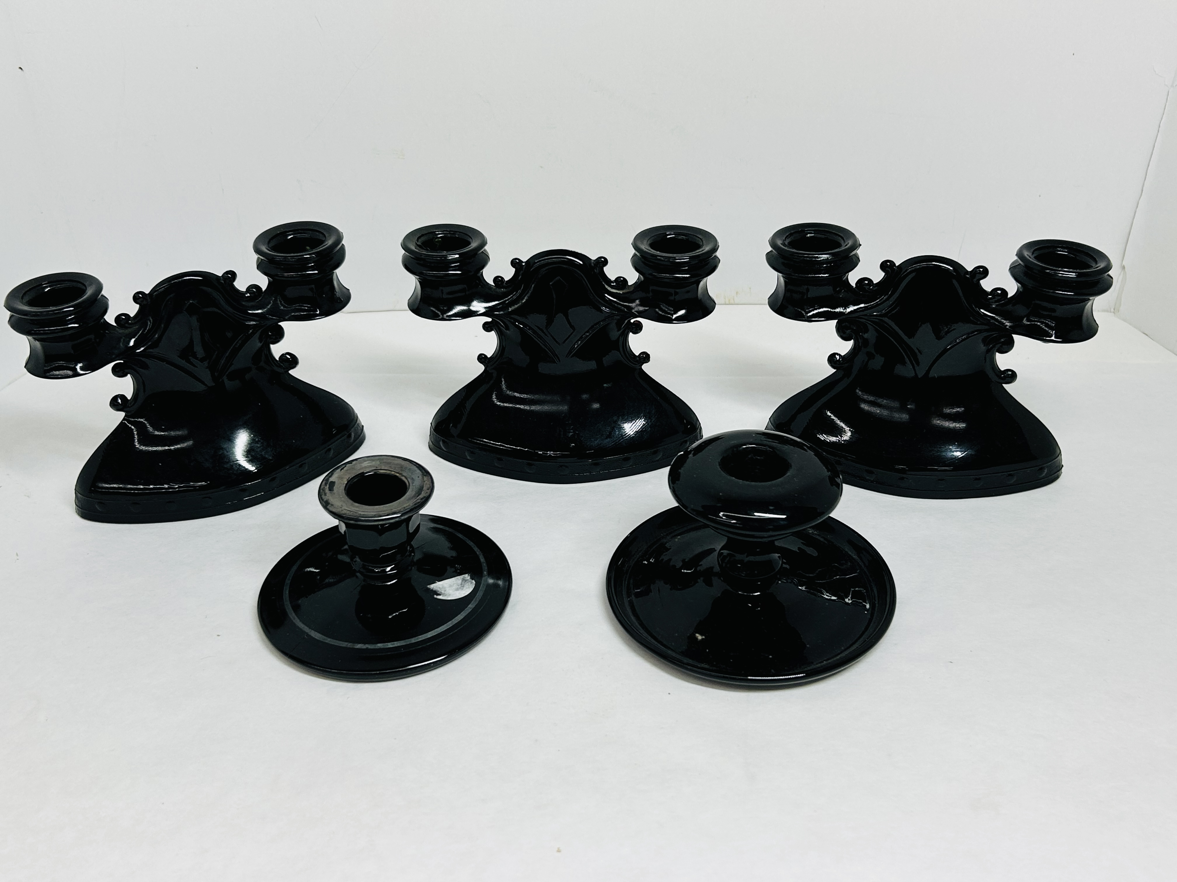 L.E. SMITH BLACK GLASS CANDLESTICKS, 20TH CENTURY