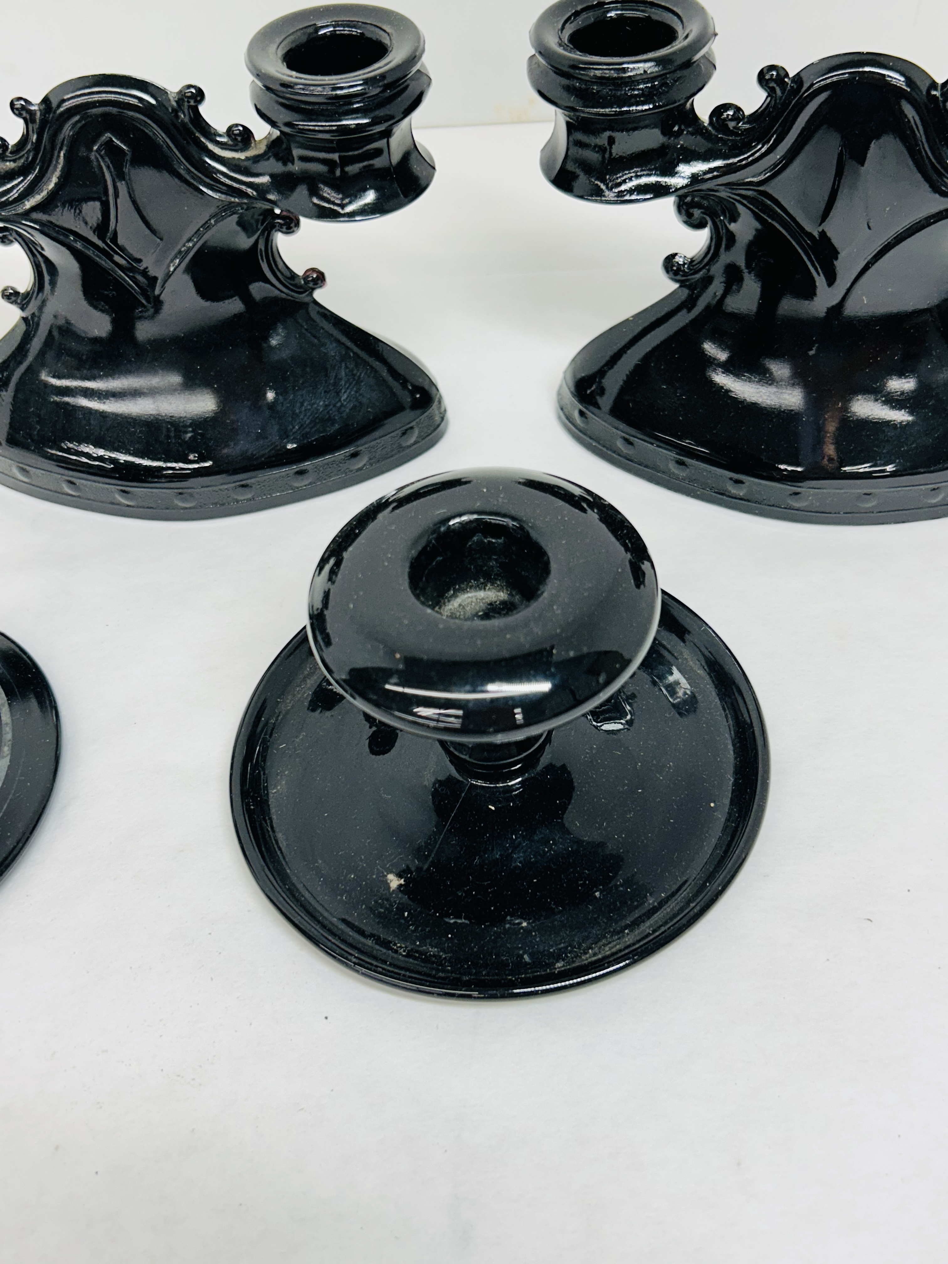 L.E. SMITH BLACK GLASS CANDLESTICKS, 20TH CENTURY