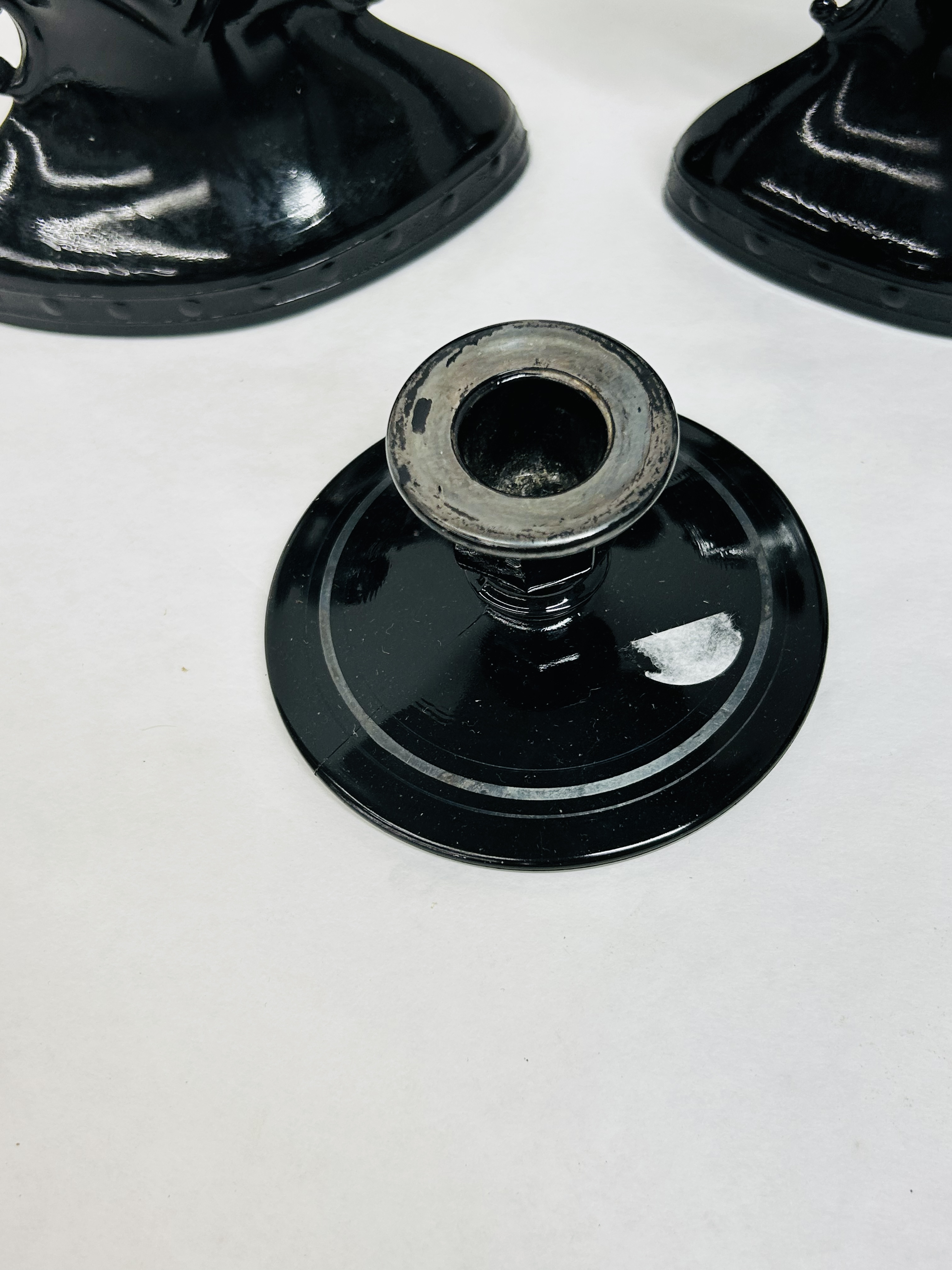 L.E. SMITH BLACK GLASS CANDLESTICKS, 20TH CENTURY