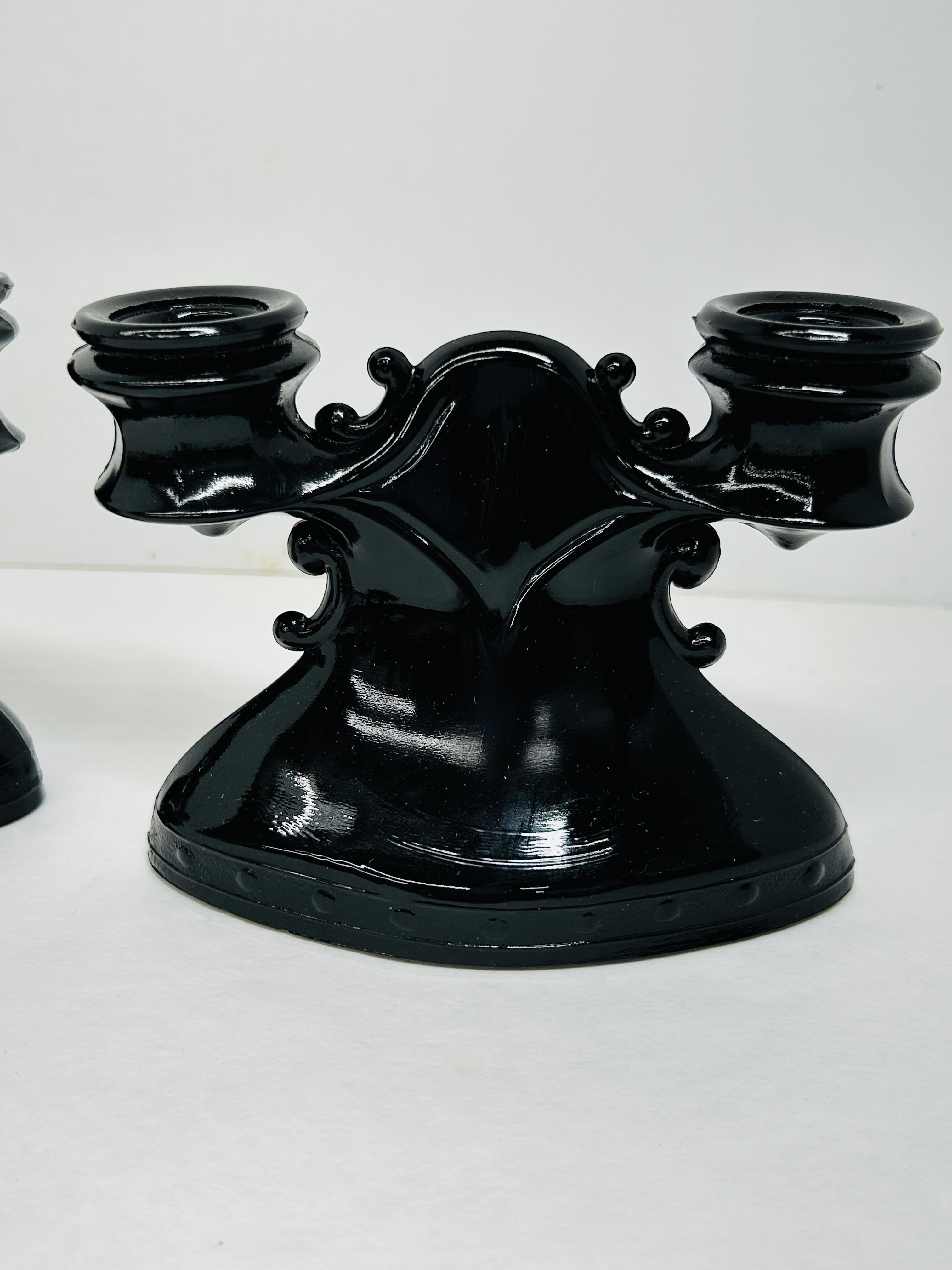 L.E. SMITH BLACK GLASS CANDLESTICKS, 20TH CENTURY