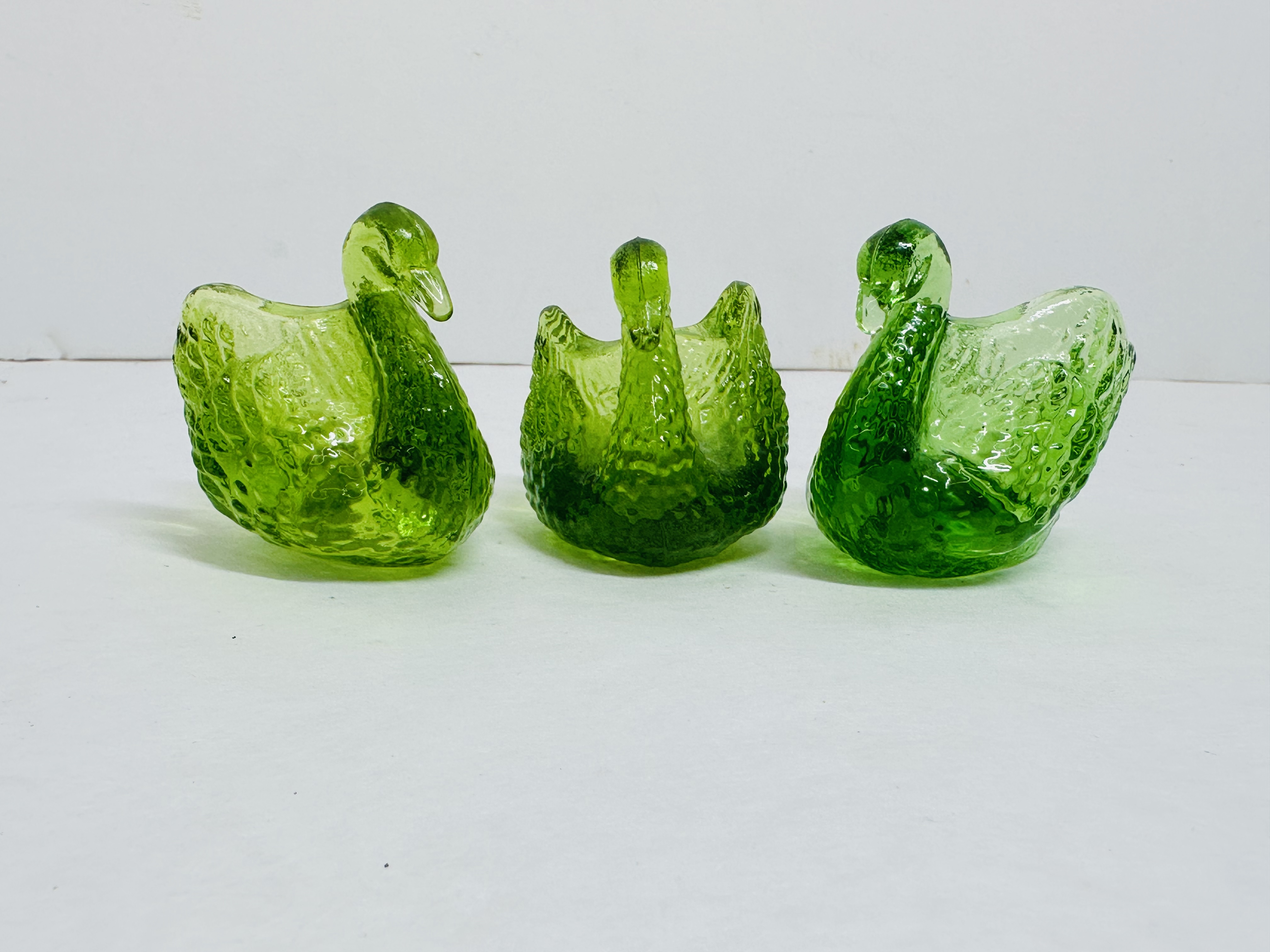 BOYD GREEN GLASS SWAN TRIO, VINTAGE
