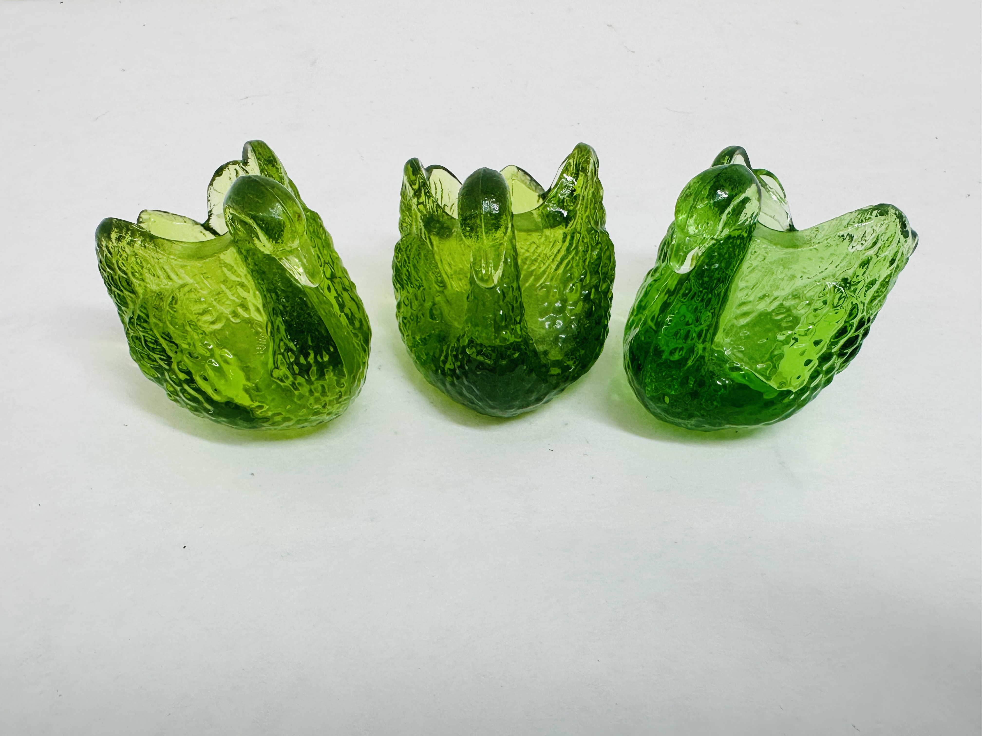 BOYD GREEN GLASS SWAN TRIO, VINTAGE