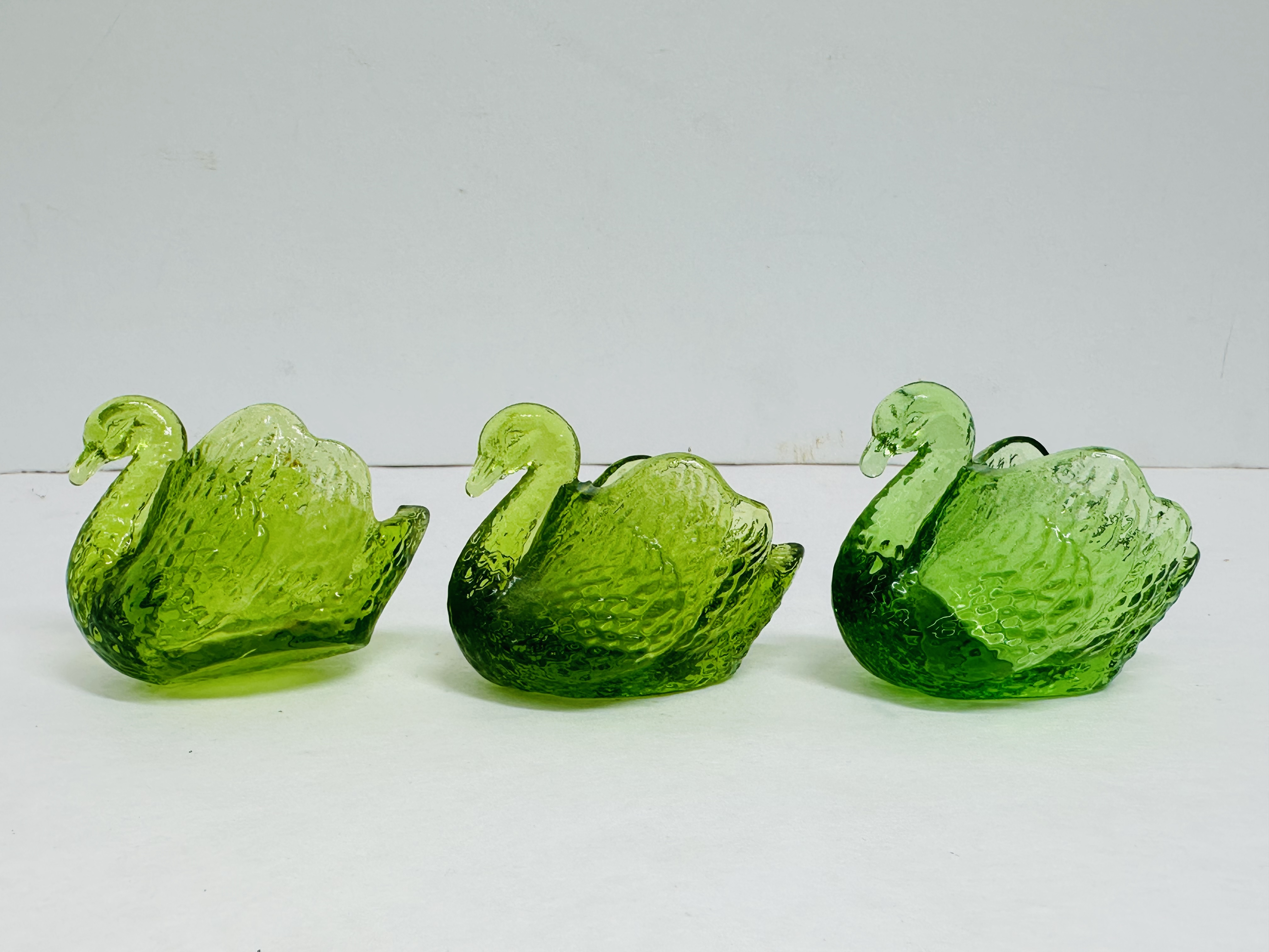 BOYD GREEN GLASS SWAN TRIO, VINTAGE