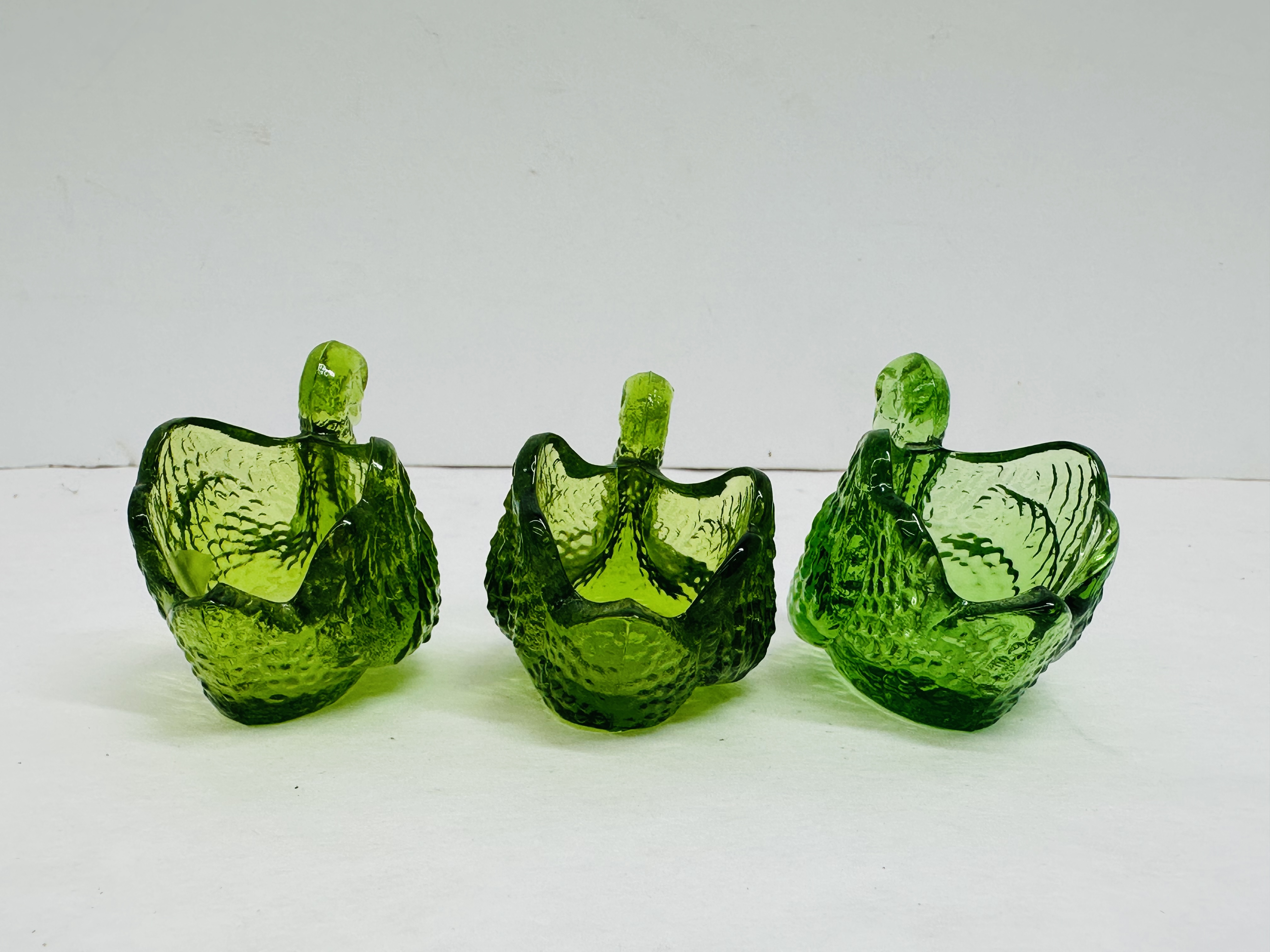 BOYD GREEN GLASS SWAN TRIO, VINTAGE