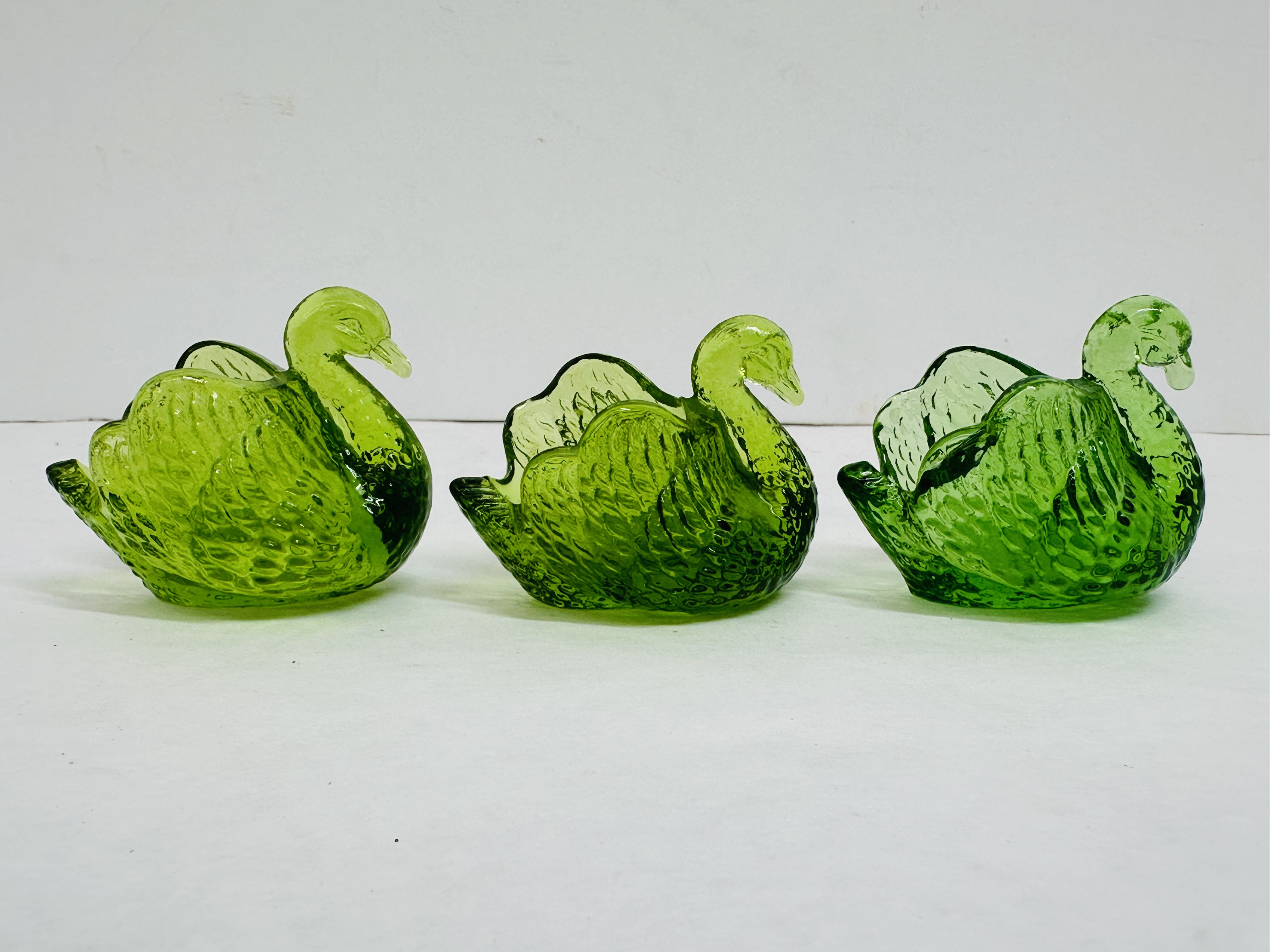 BOYD GREEN GLASS SWAN TRIO, VINTAGE