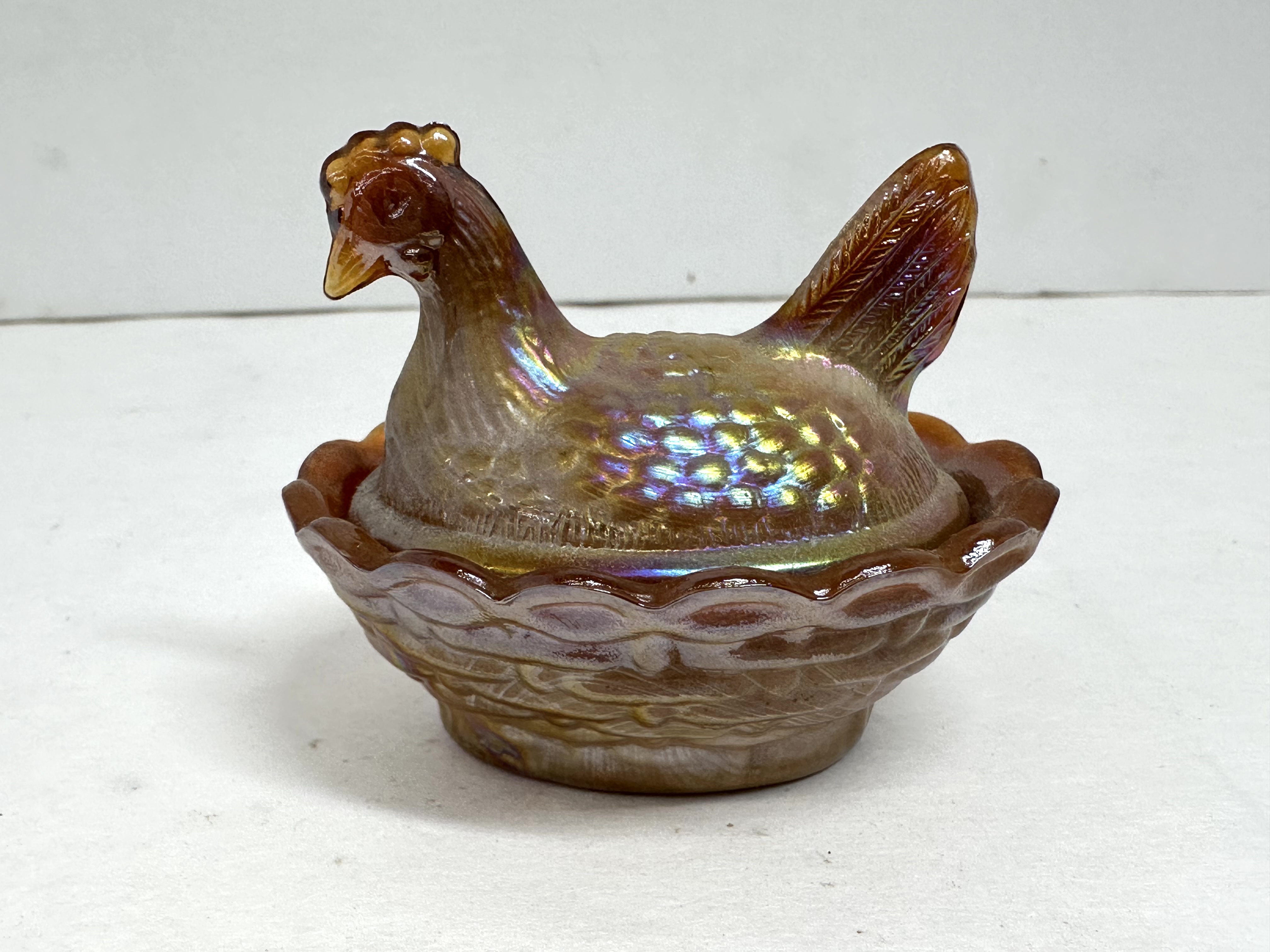 MINI BOYD MARIGOLD CARNIVAL GLASS HEN