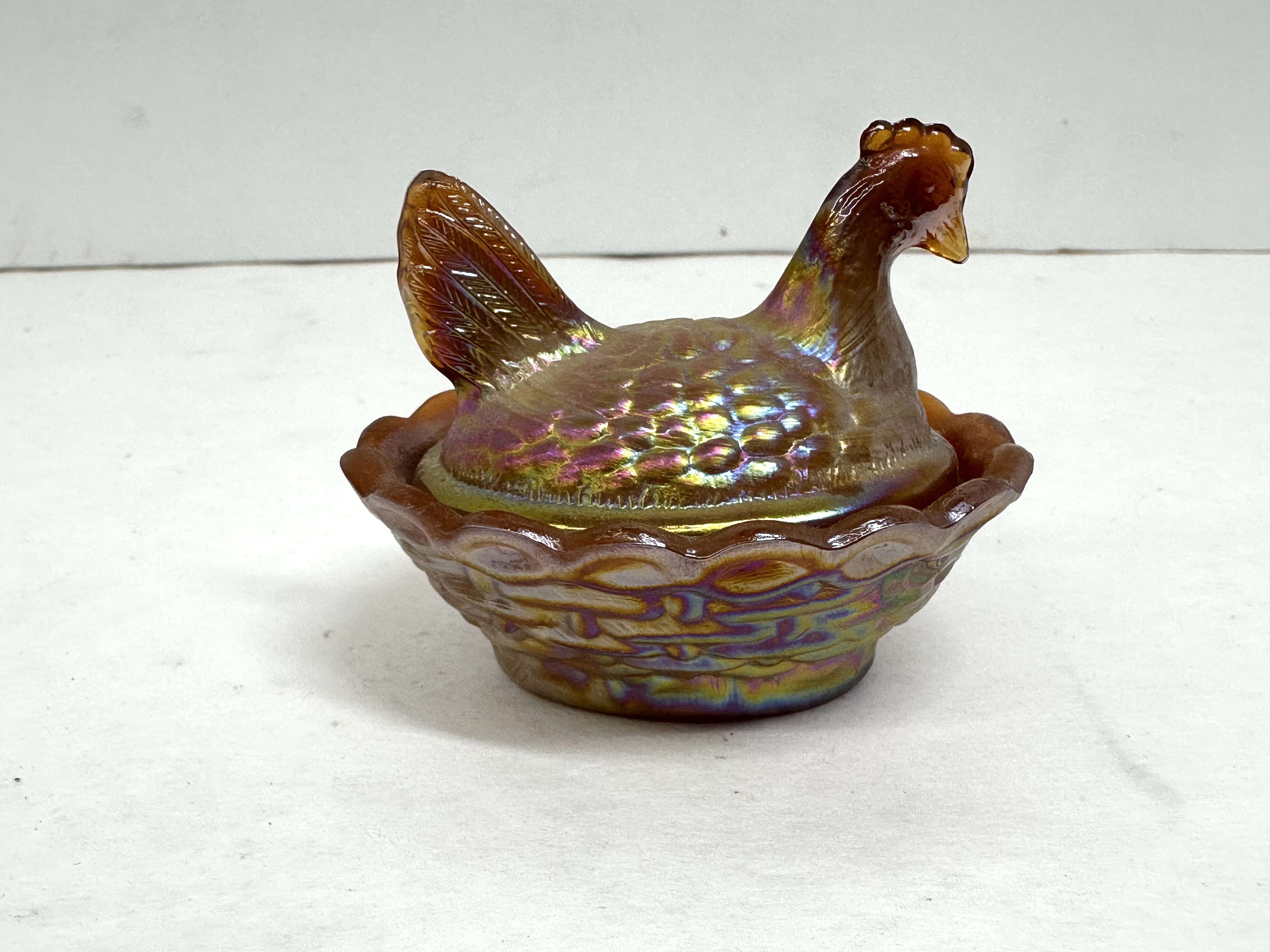 MINI BOYD MARIGOLD CARNIVAL GLASS HEN