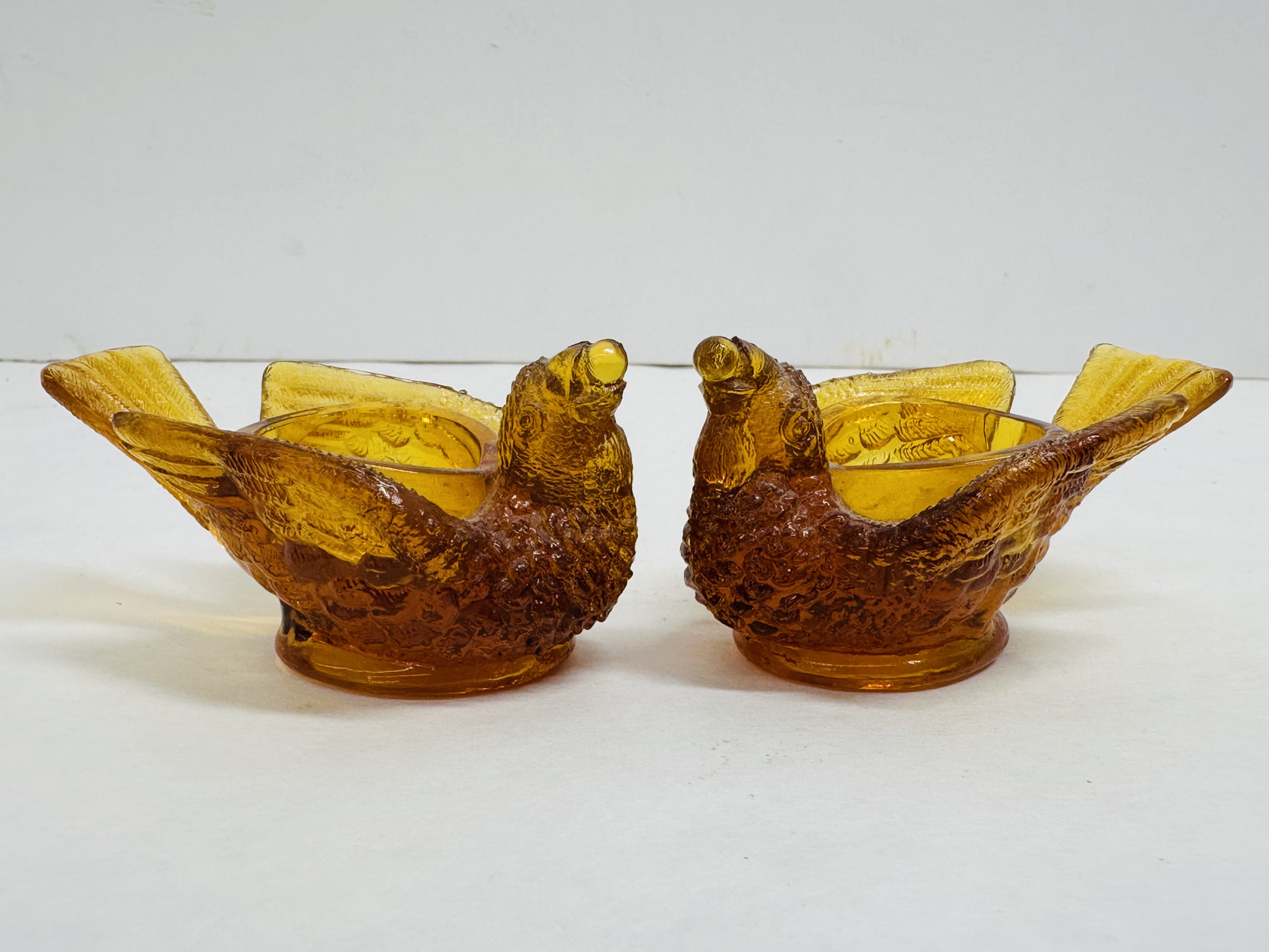 DEGENHART AMBER GLASS BIRD SALTS, 1970S