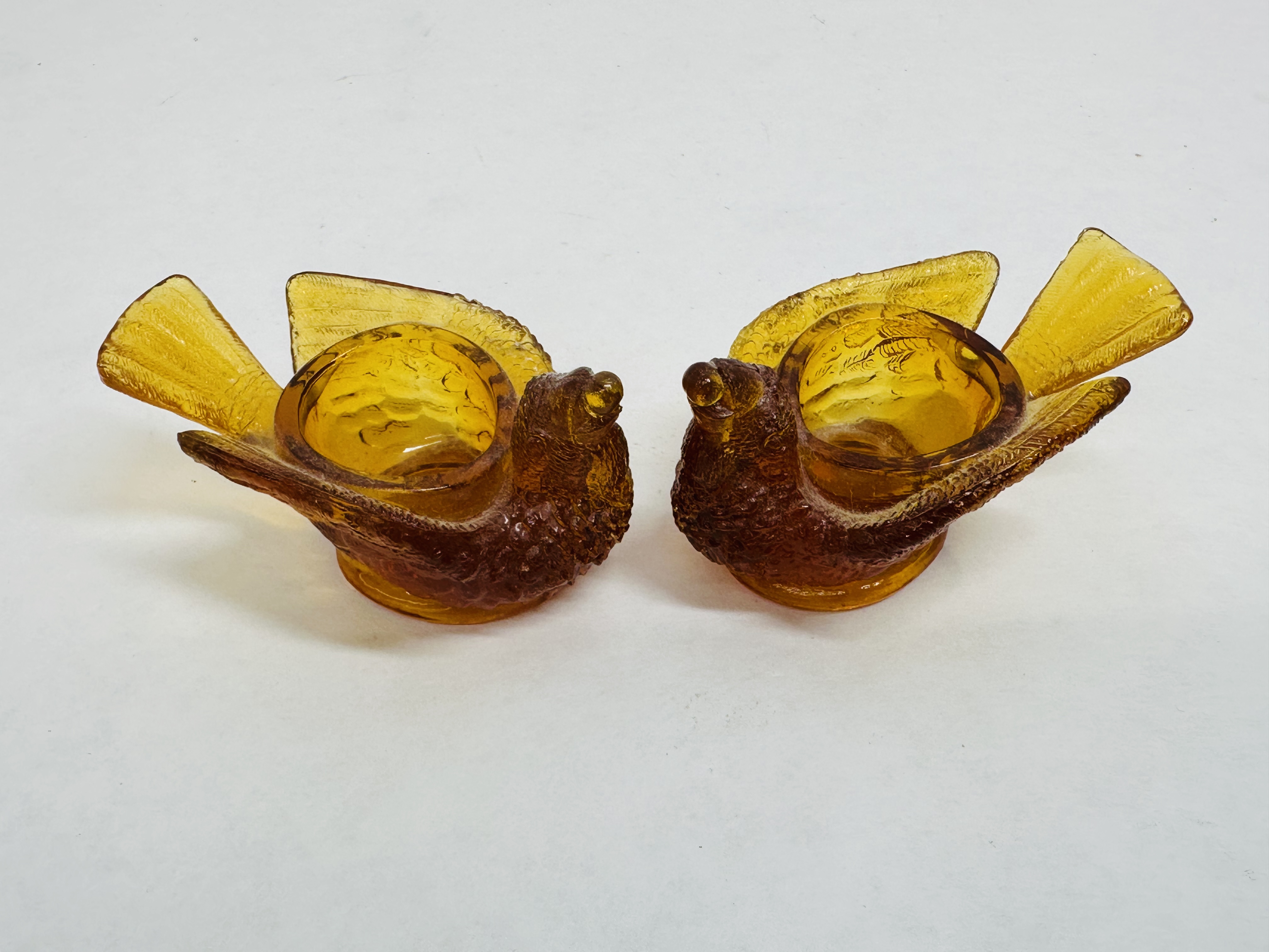 DEGENHART AMBER GLASS BIRD SALTS, 1970S