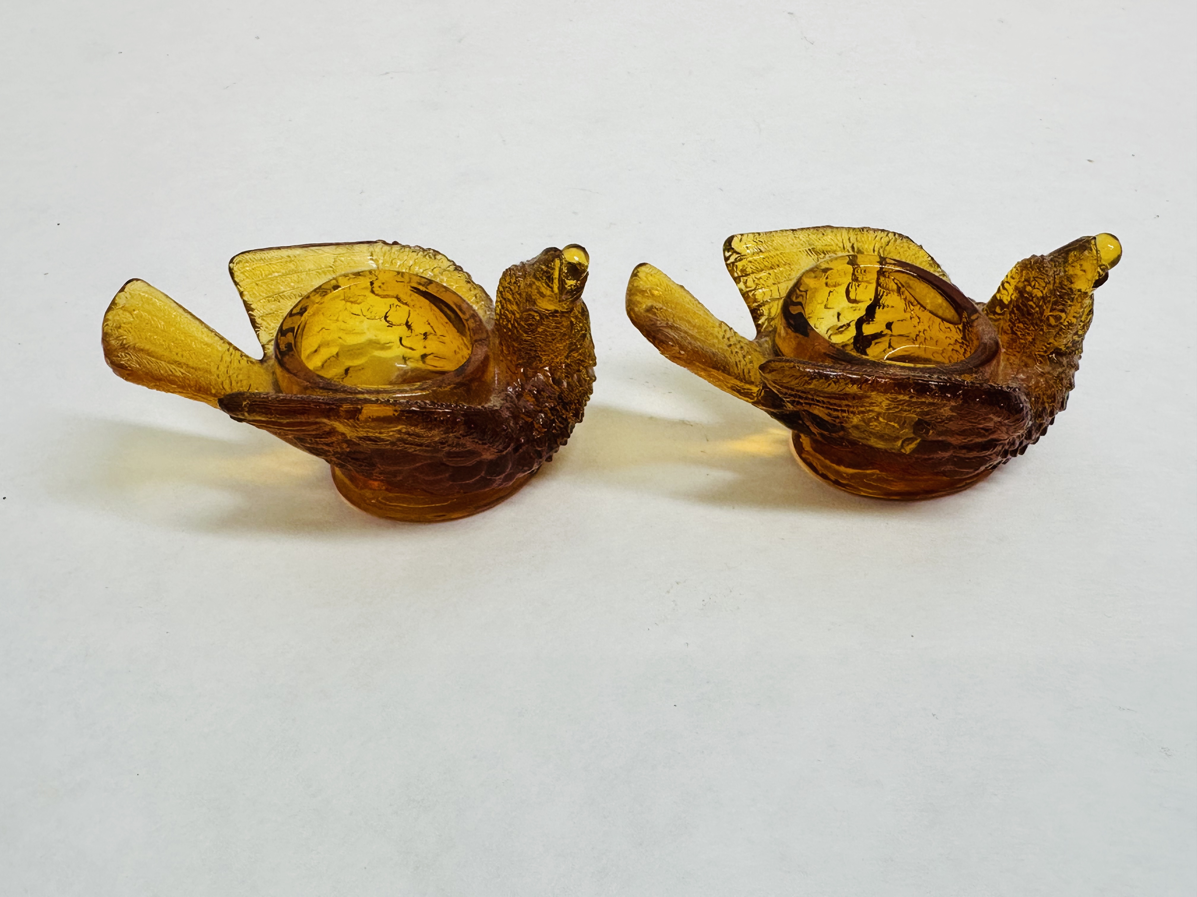 DEGENHART AMBER GLASS BIRD SALTS, 1970S