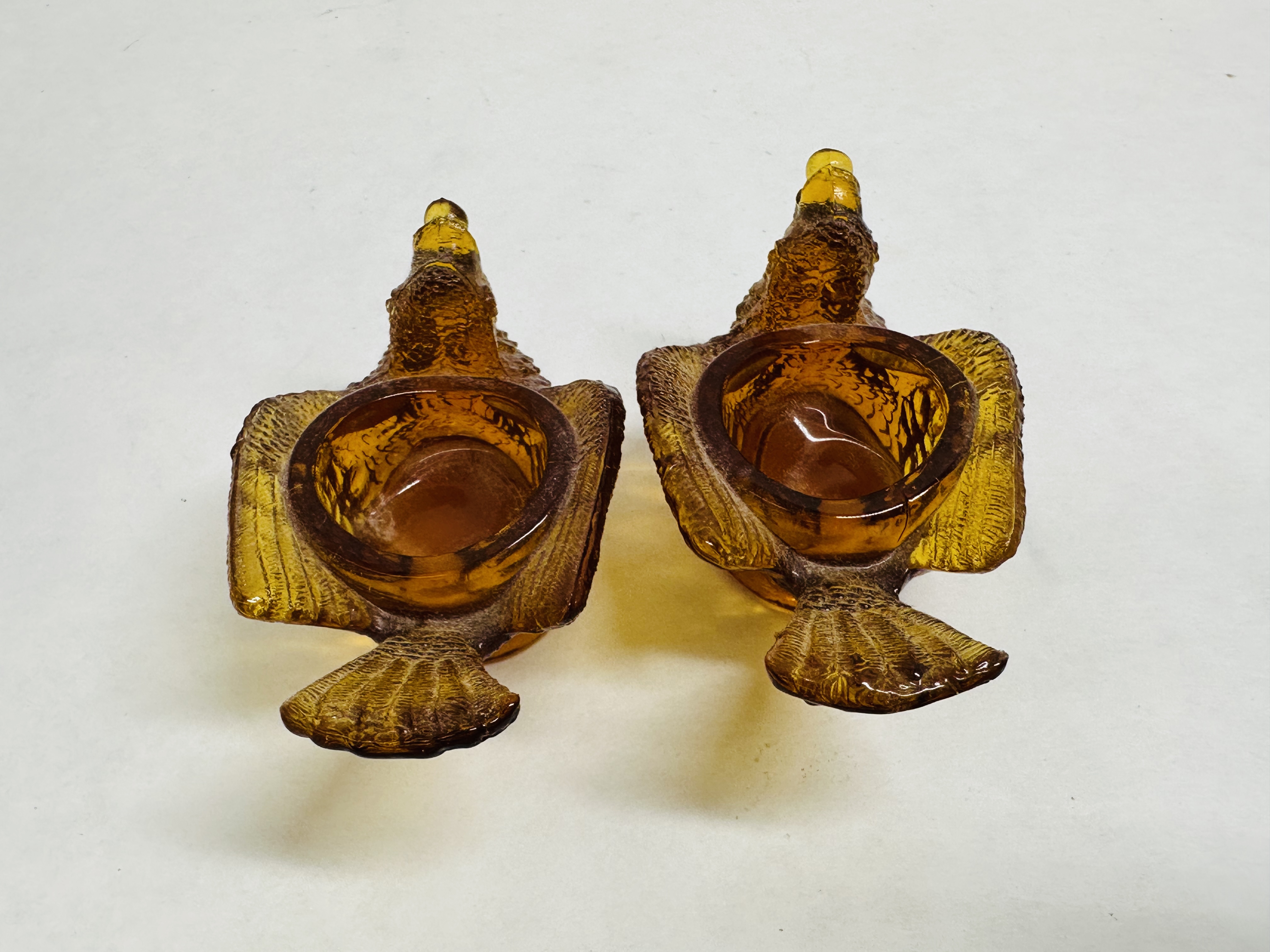 DEGENHART AMBER GLASS BIRD SALTS, 1970S