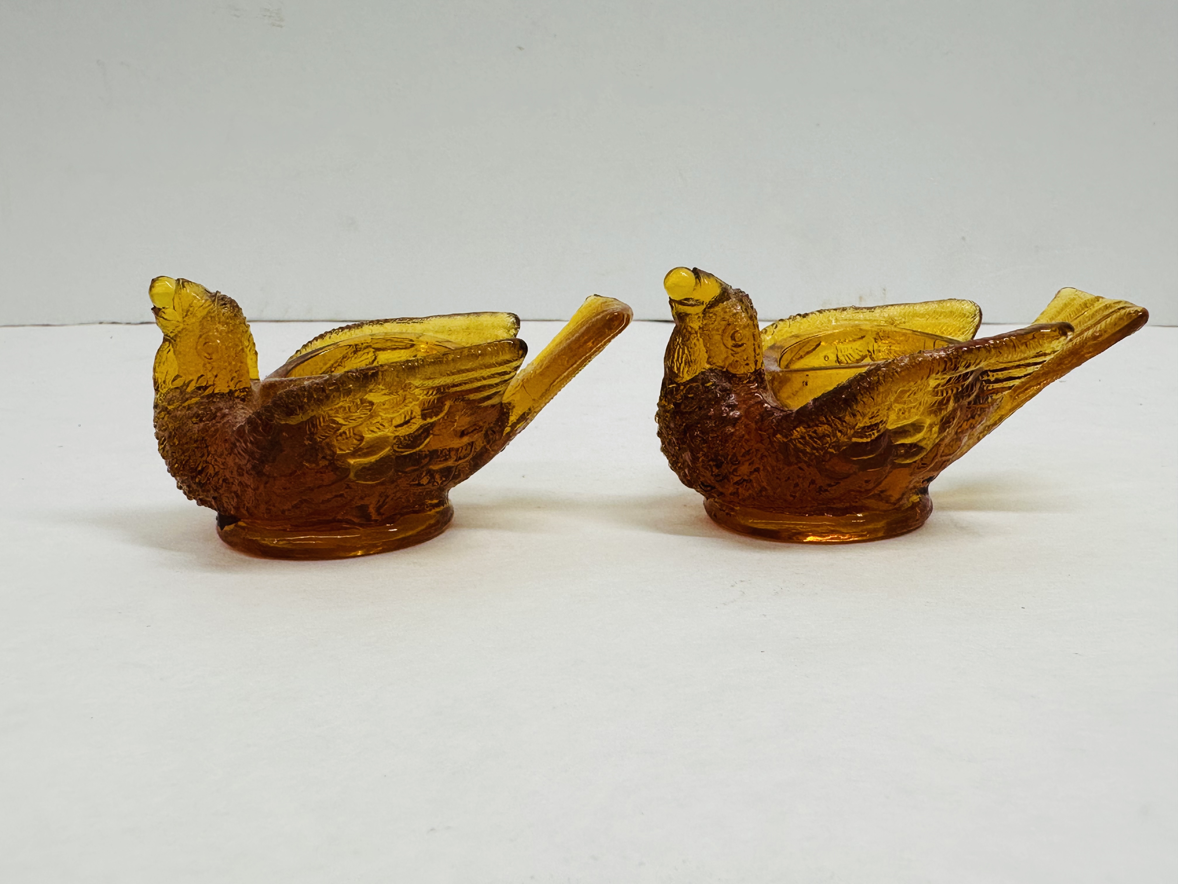 DEGENHART AMBER GLASS BIRD SALTS, 1970S