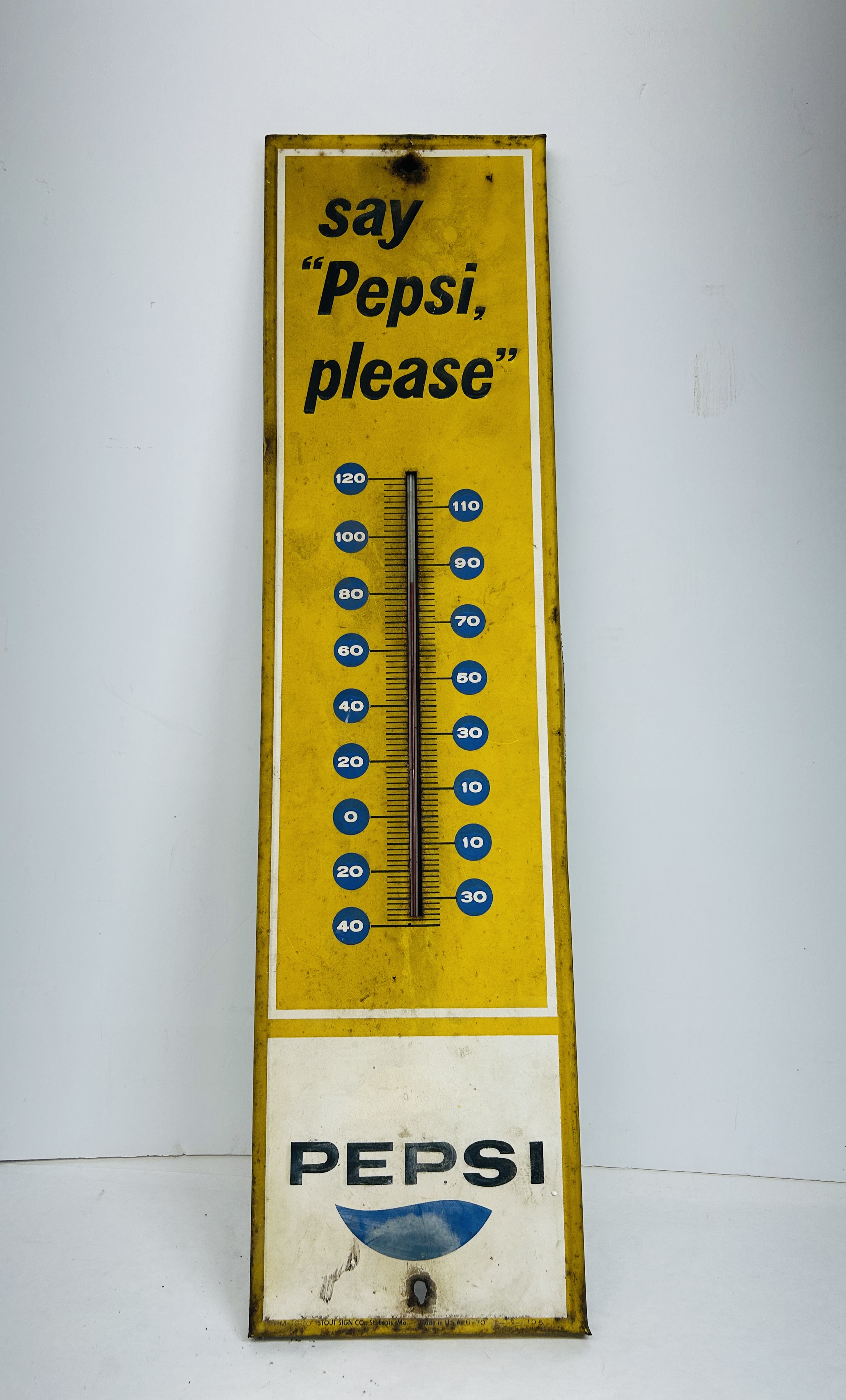 STOUT PEPSI TIN THERMOMETER 1970