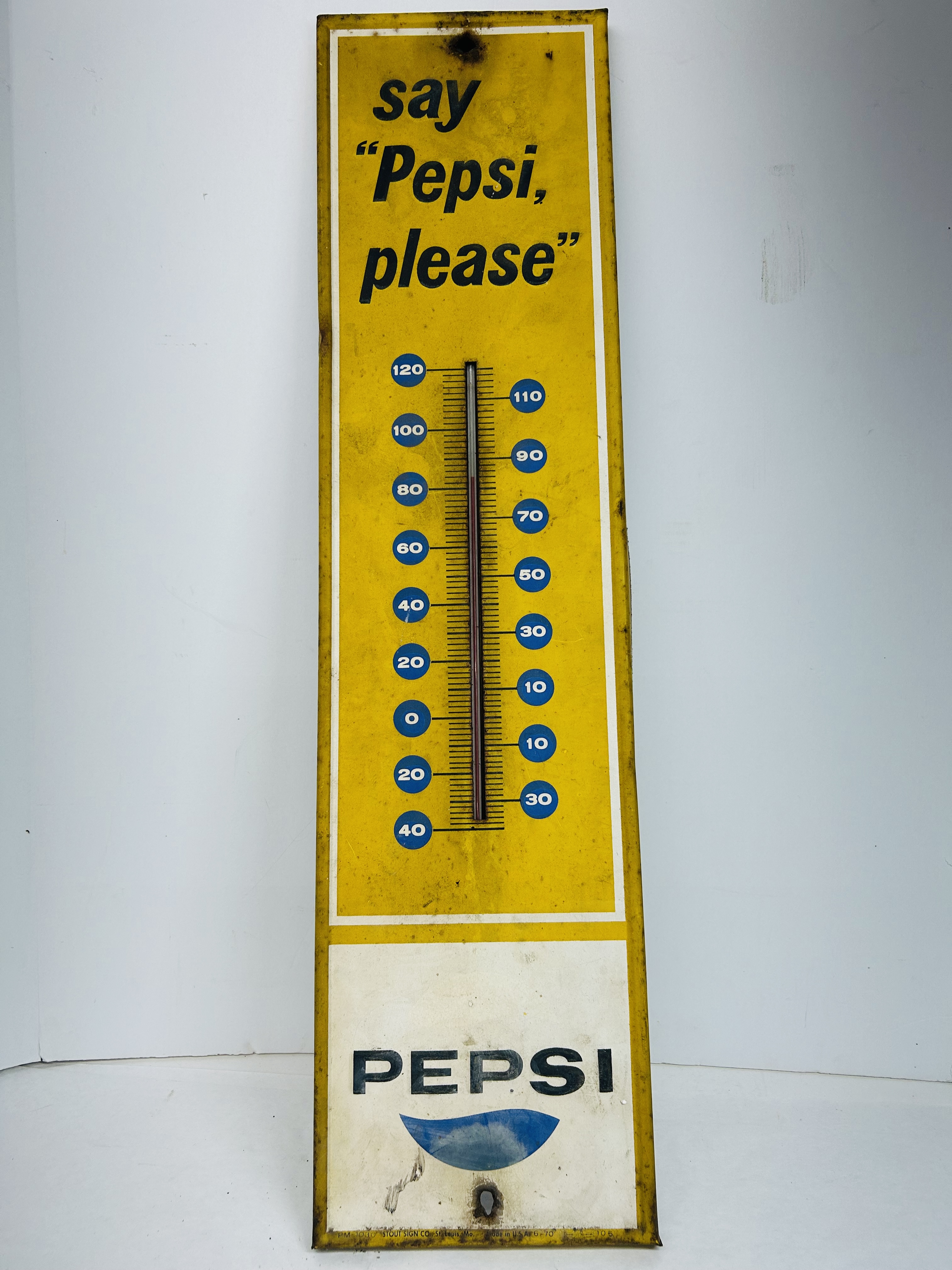 STOUT PEPSI TIN THERMOMETER 1970