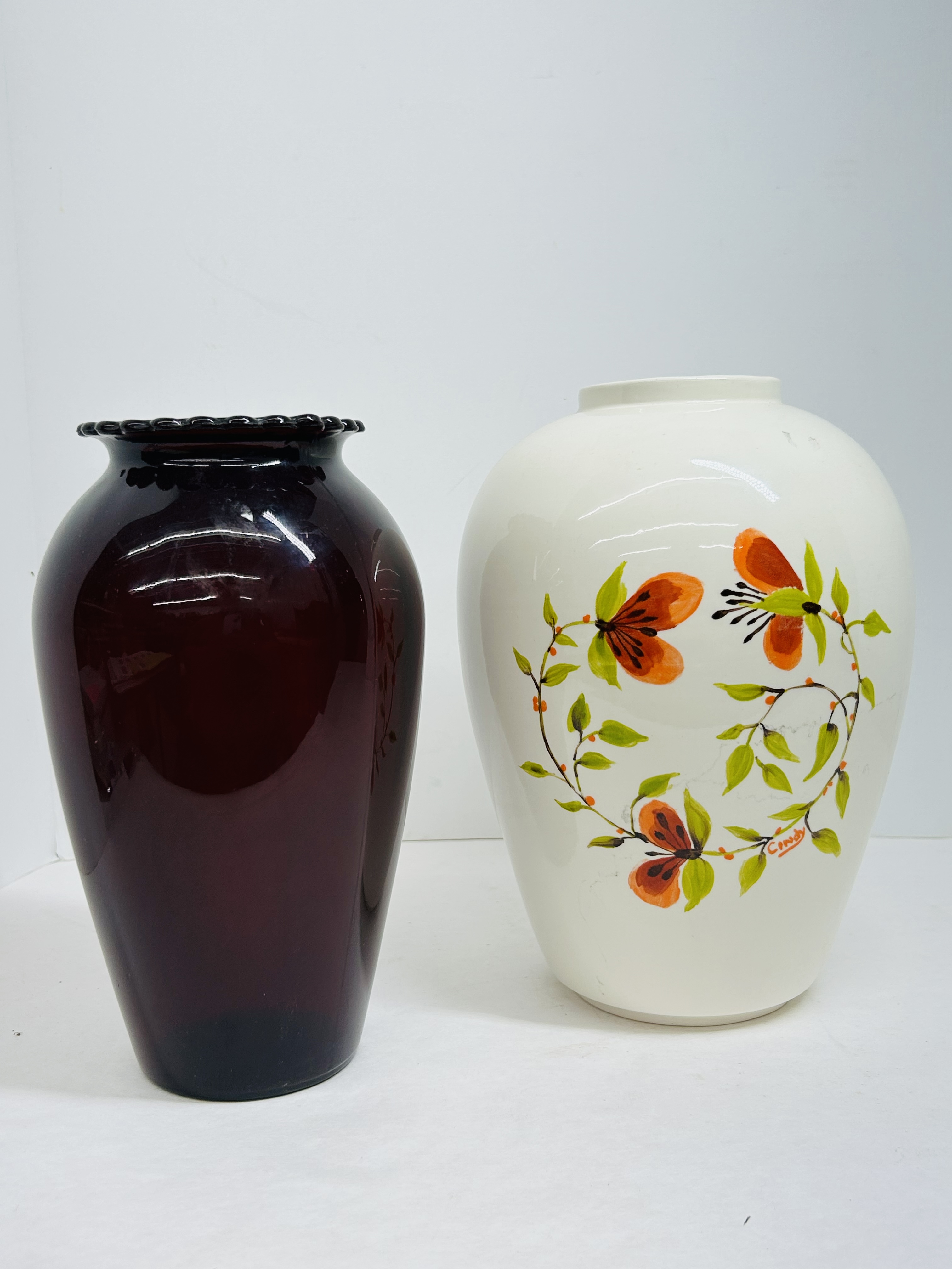 TWO VINTAGE DECORATIVE GLASS VASES