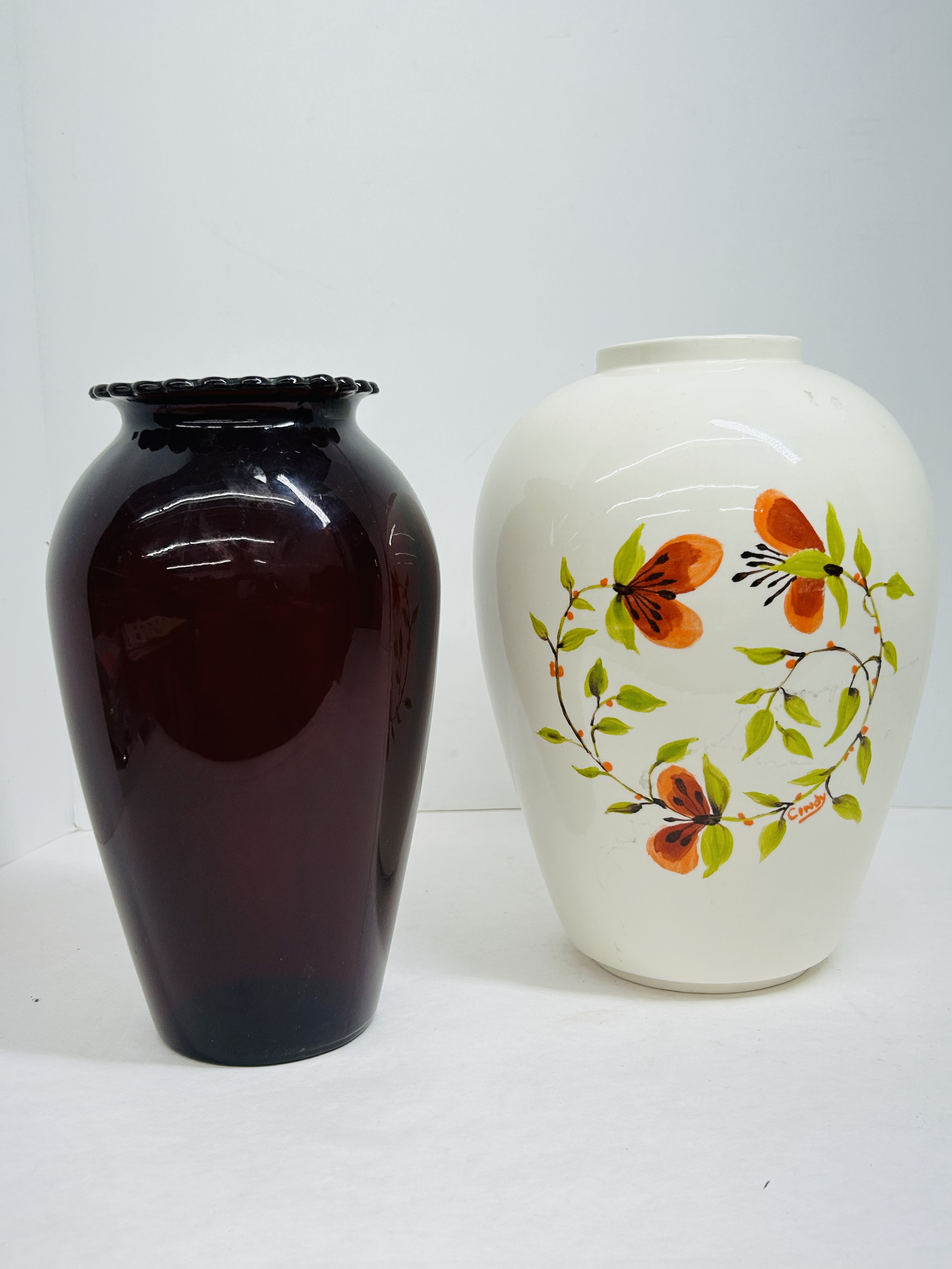 TWO VINTAGE DECORATIVE GLASS VASES