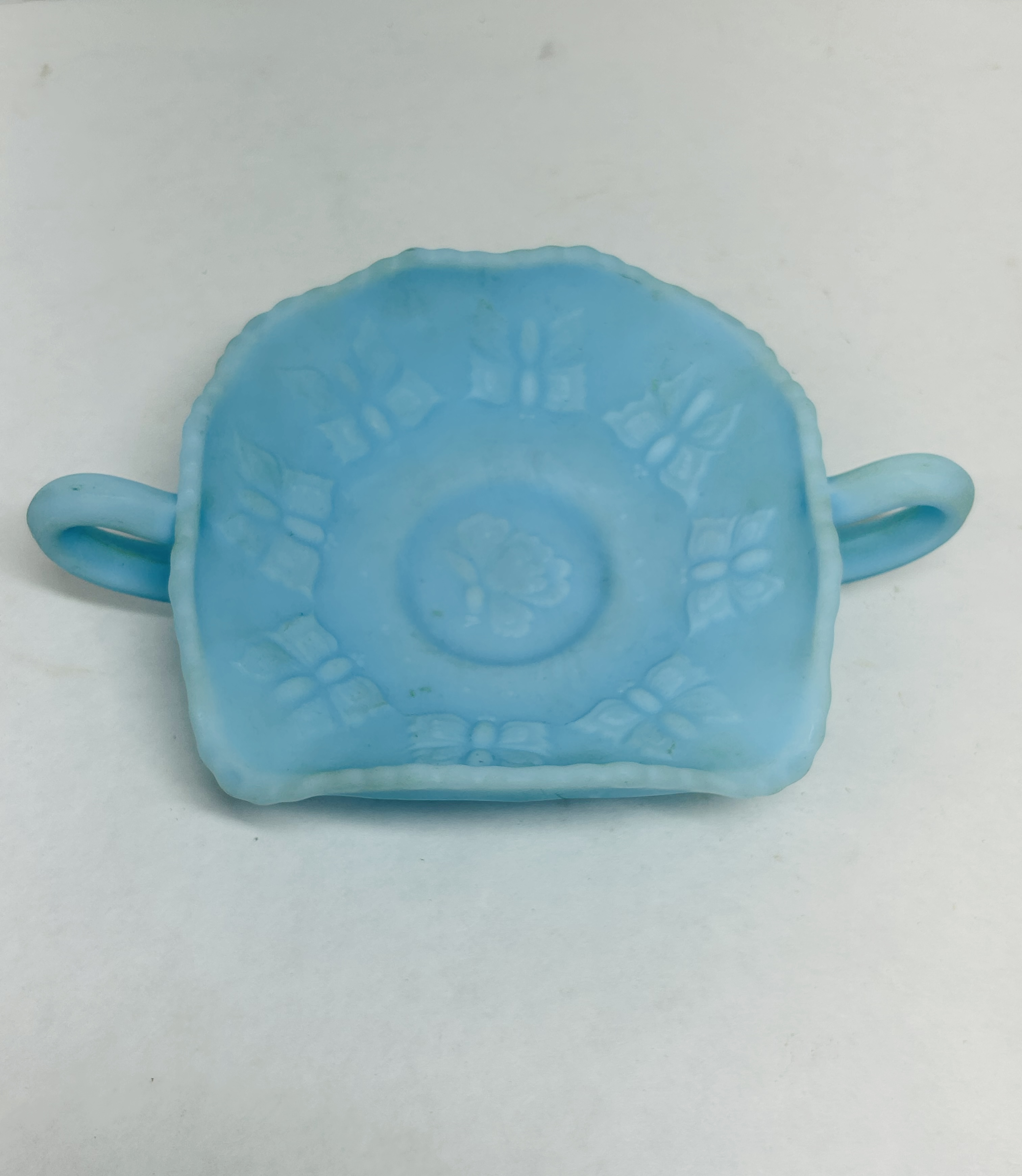 FENTON BLUE SATIN BUTTERFLY BONBON, 1970S