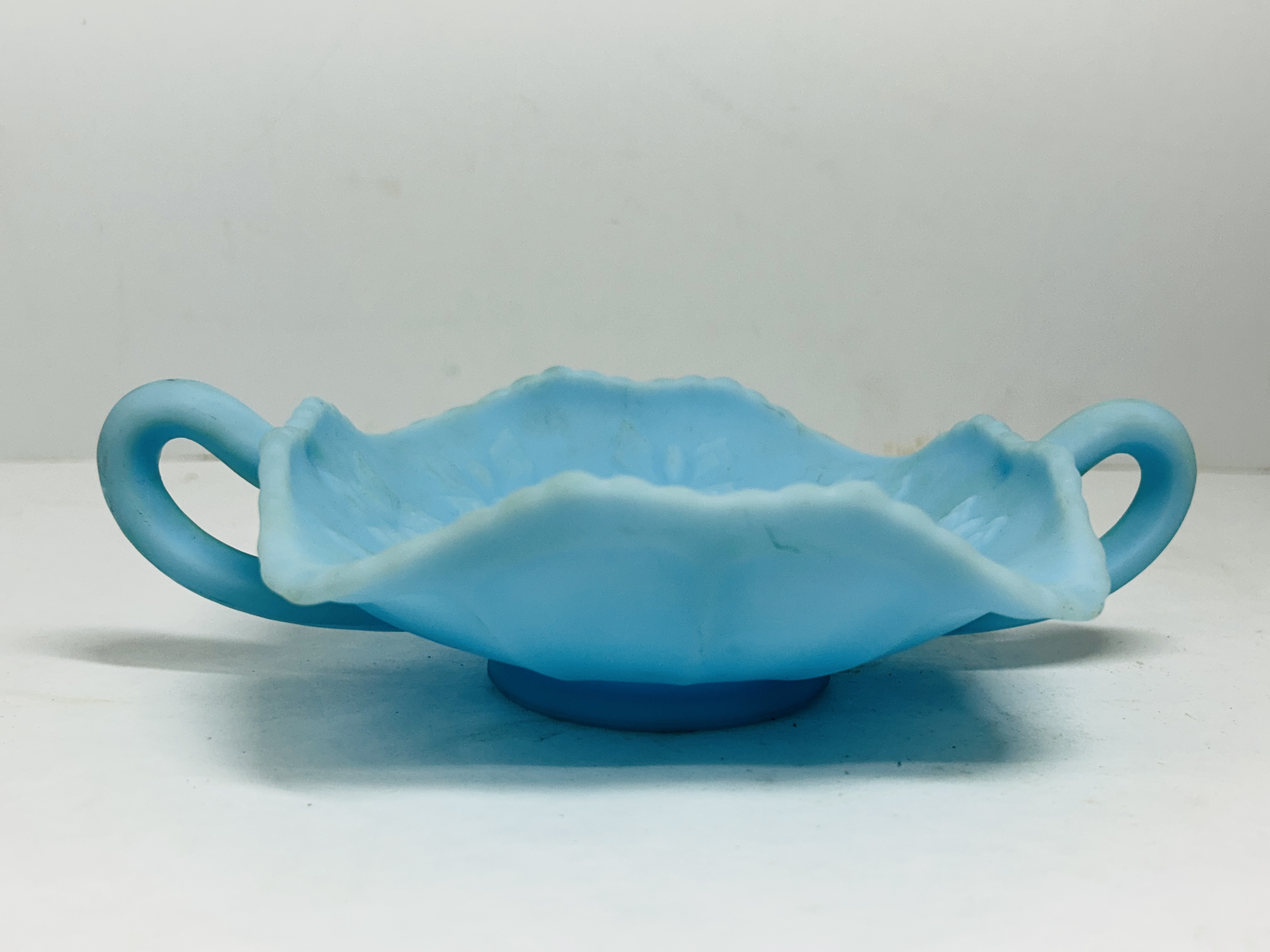 FENTON BLUE SATIN BUTTERFLY BONBON, 1970S