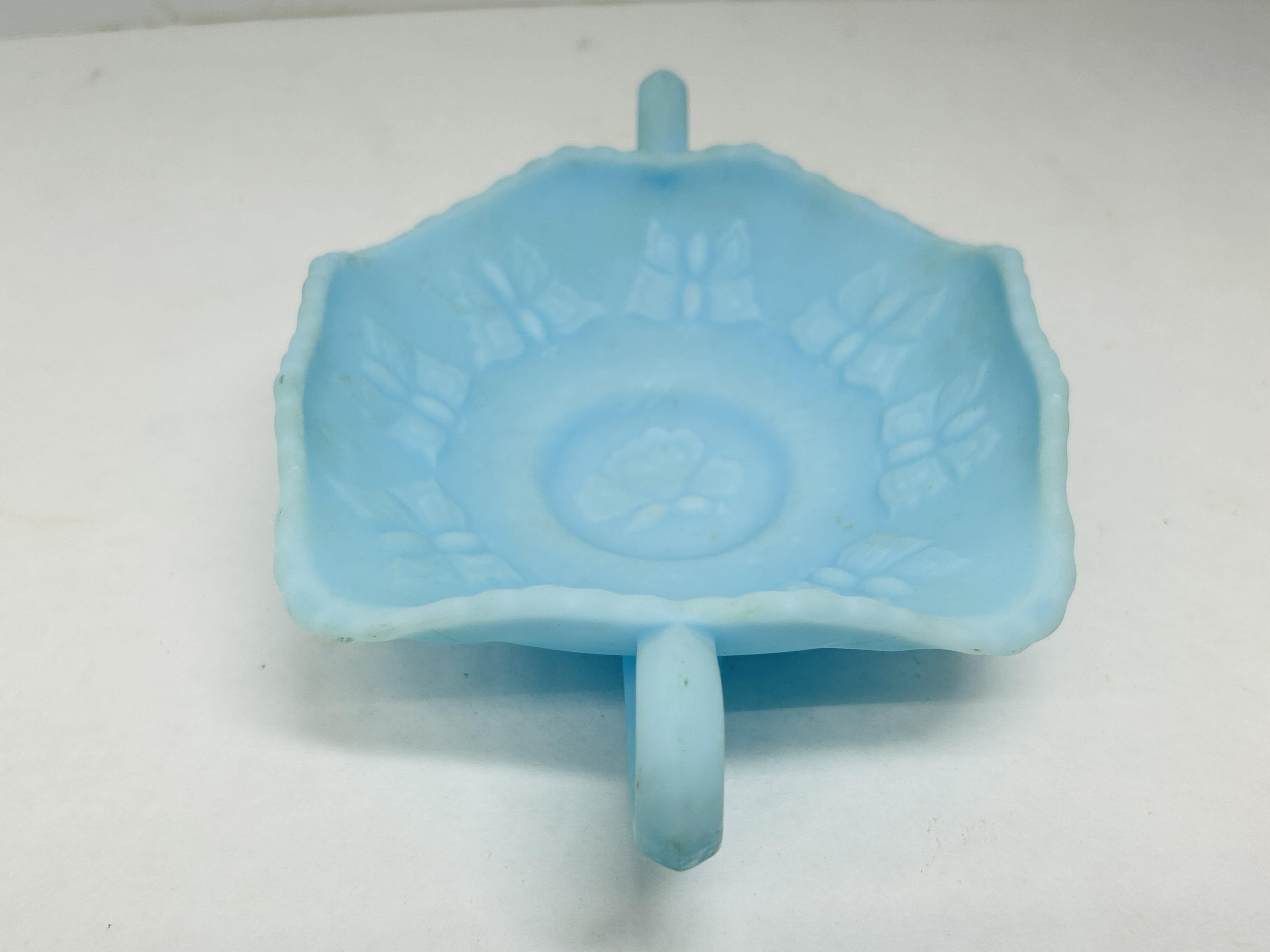 FENTON BLUE SATIN BUTTERFLY BONBON, 1970S