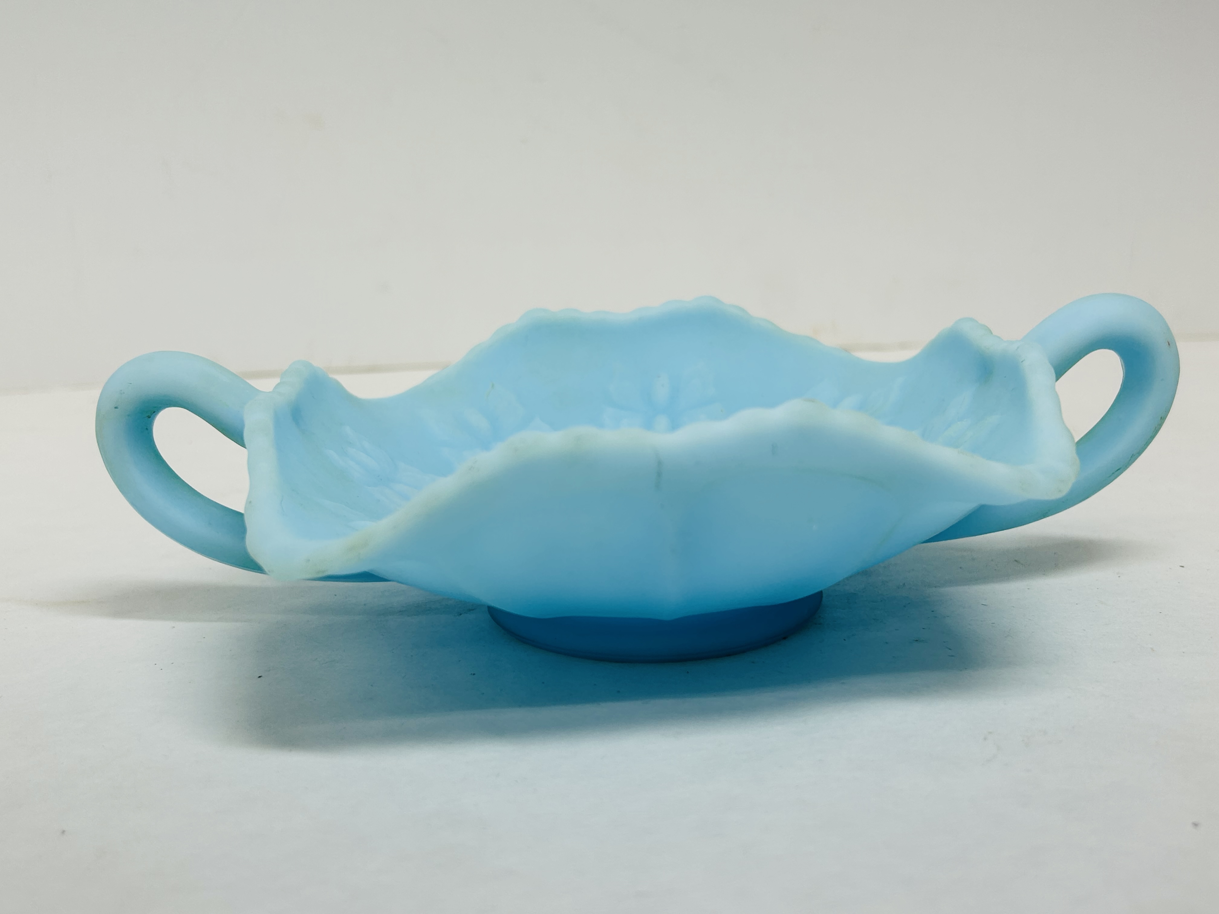 FENTON BLUE SATIN BUTTERFLY BONBON, 1970S