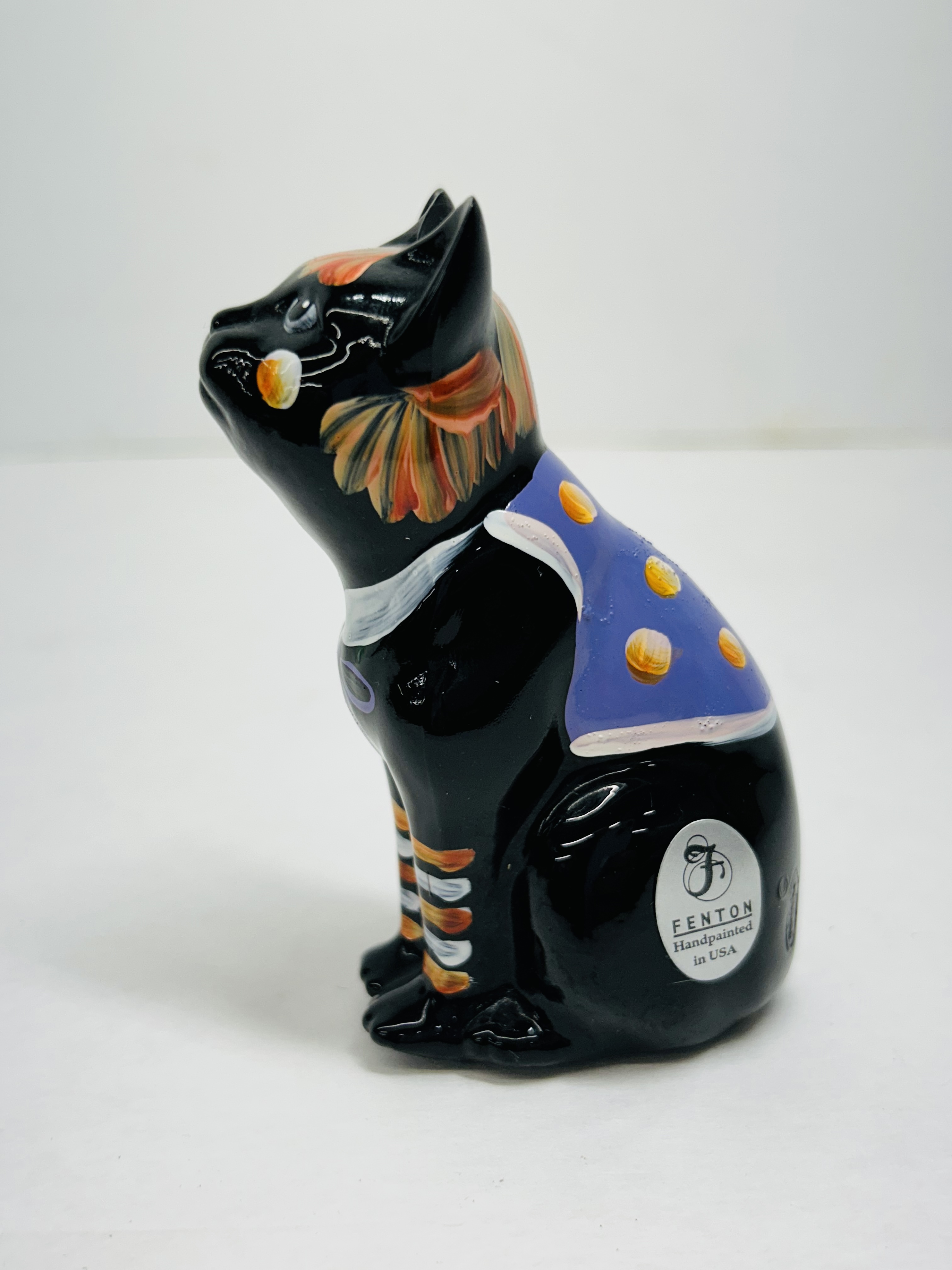 FENTON PAINTED BLACK GLASS CAT, 2007