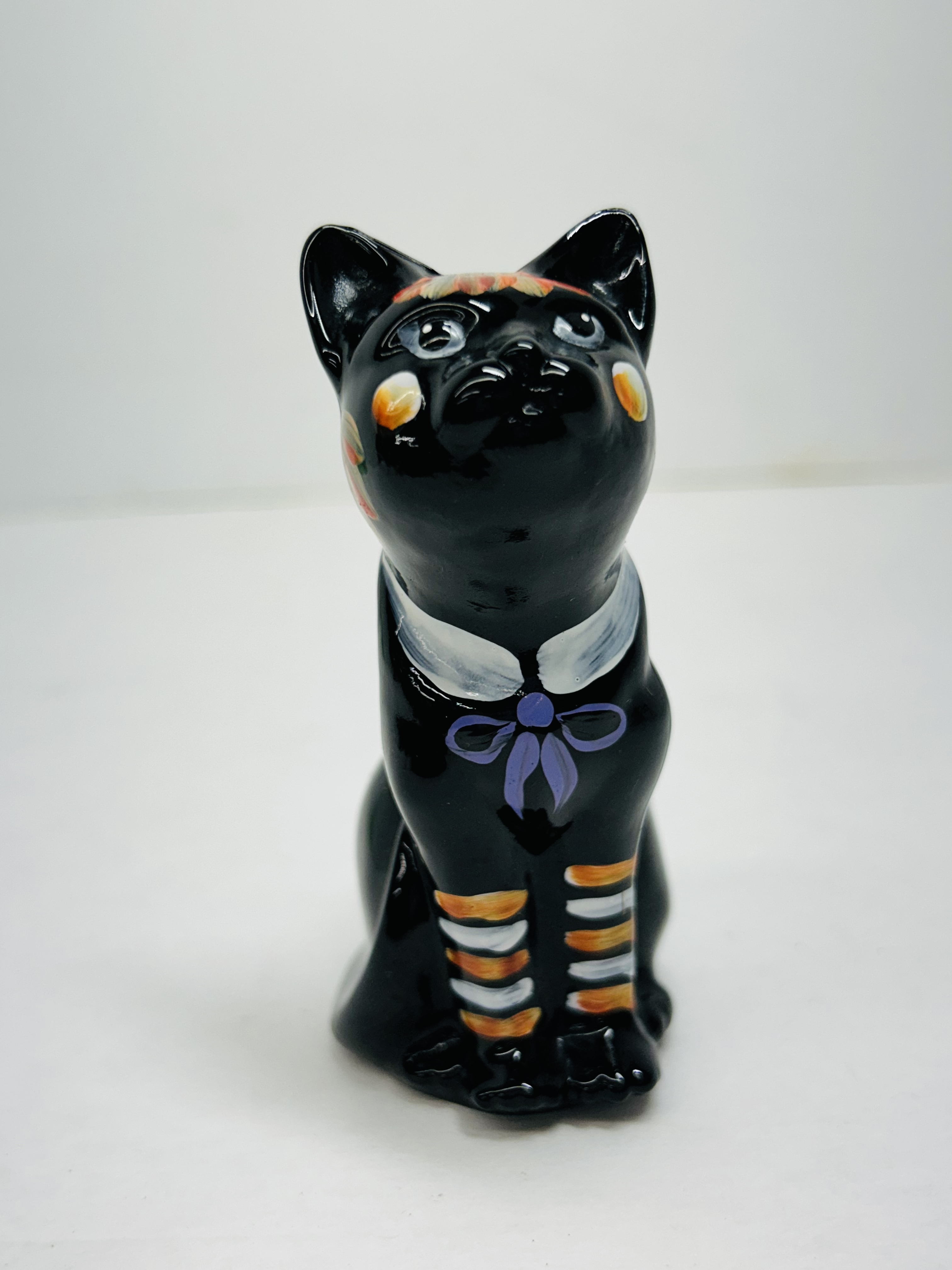 FENTON PAINTED BLACK GLASS CAT, 2007