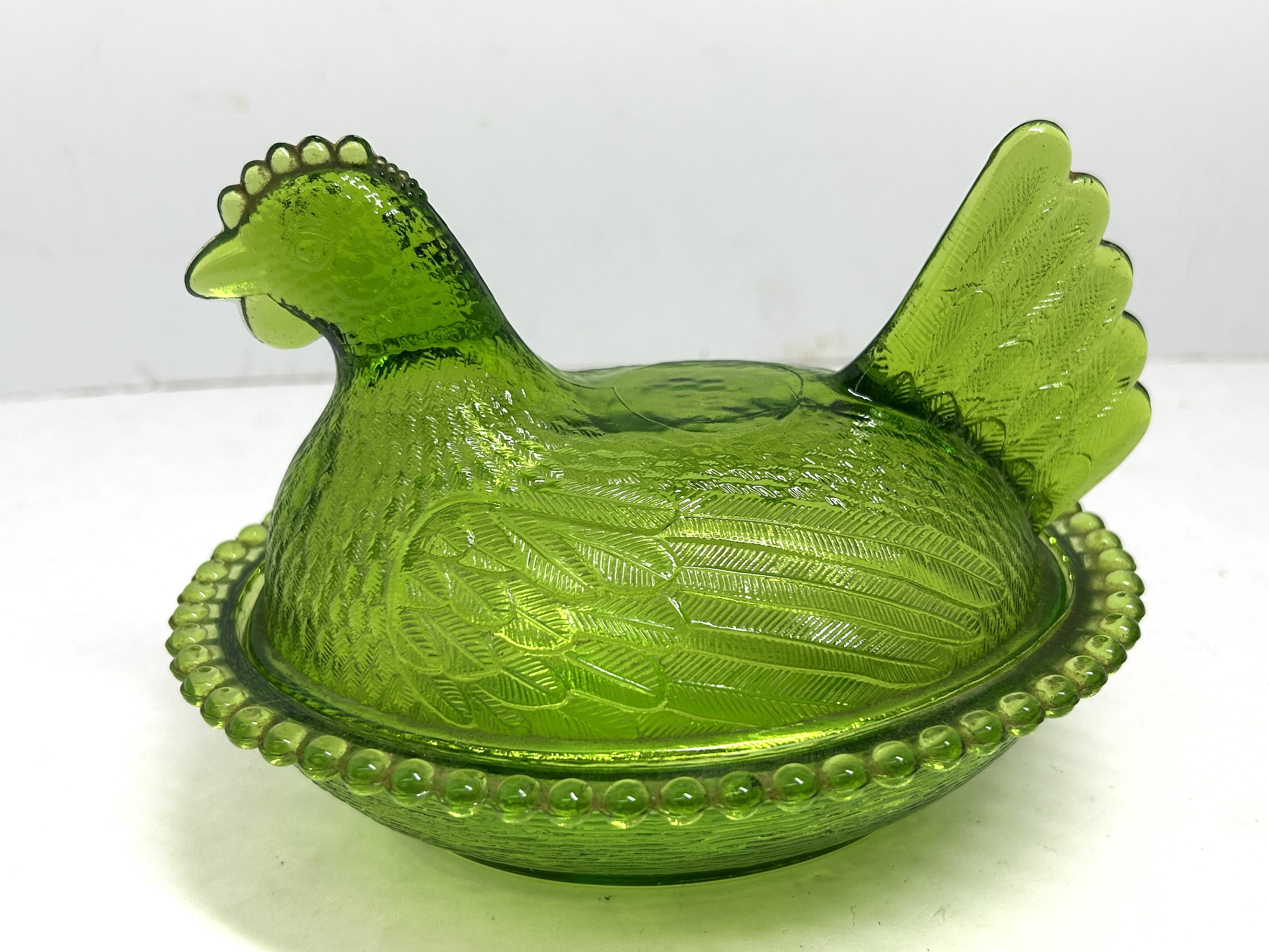 INDIANA GLASS GREEN HEN ON NEST, CIRCA 1970
