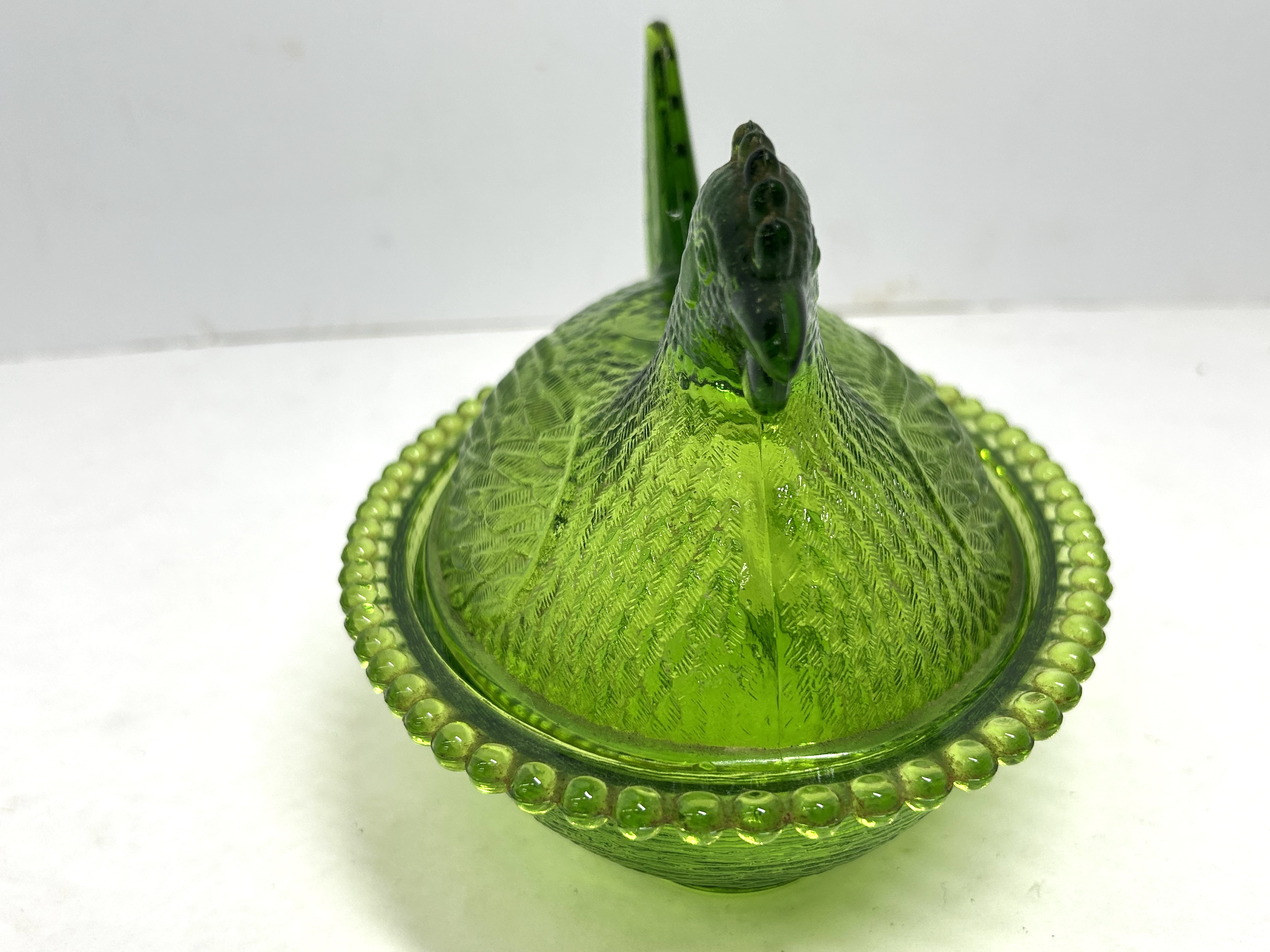INDIANA GLASS GREEN HEN ON NEST, CIRCA 1970