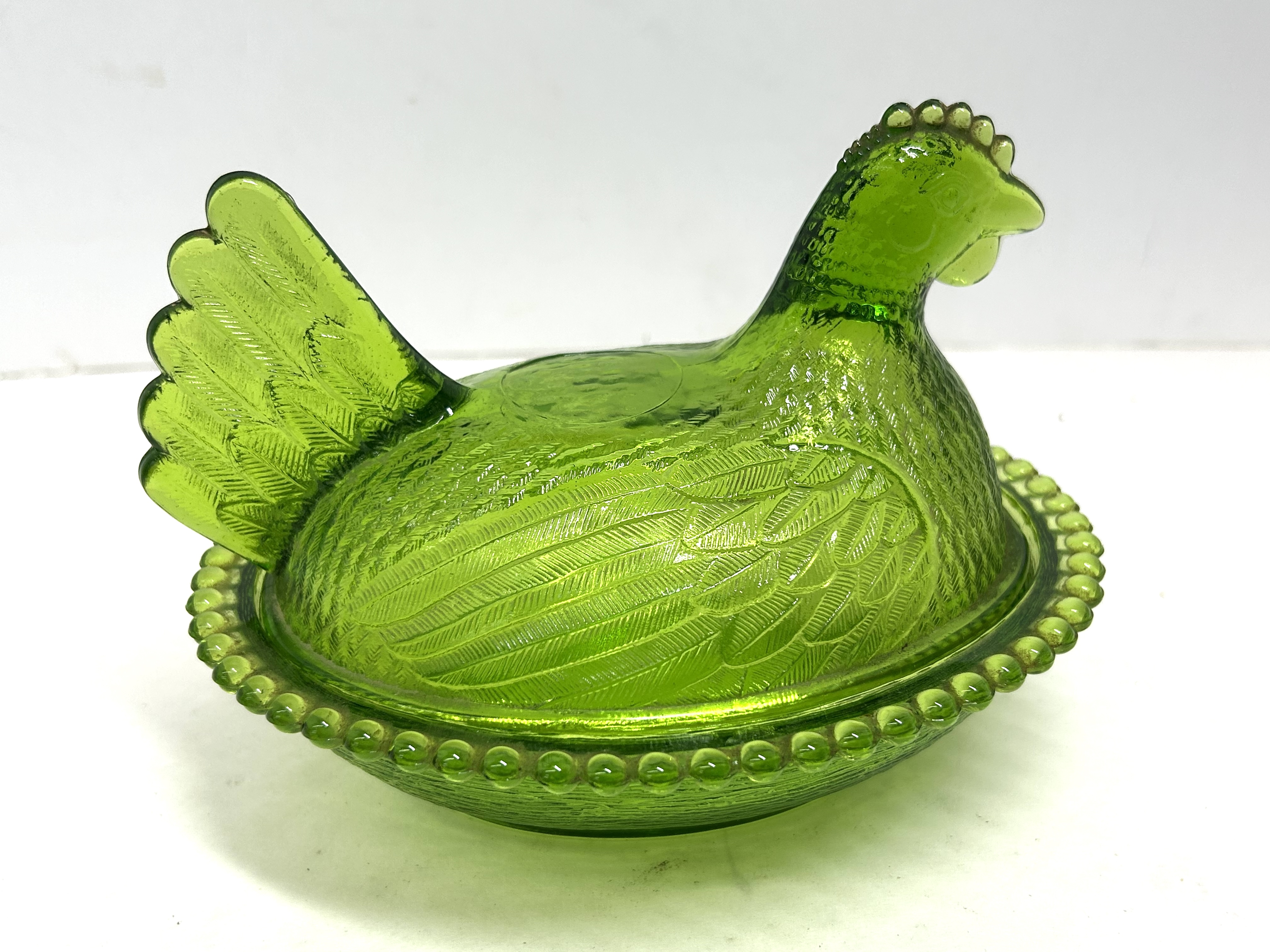 INDIANA GLASS GREEN HEN ON NEST, CIRCA 1970