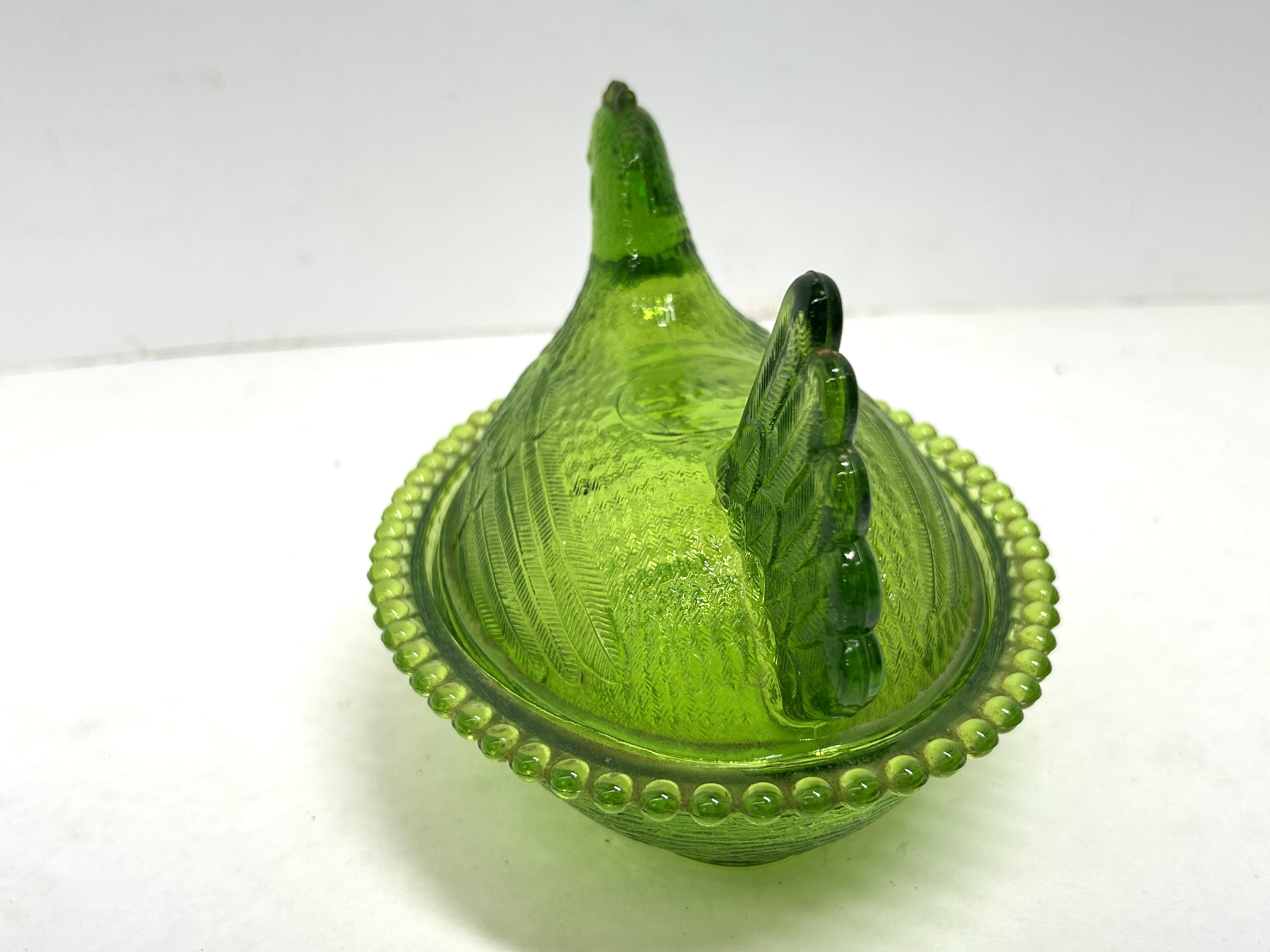 INDIANA GLASS GREEN HEN ON NEST, CIRCA 1970