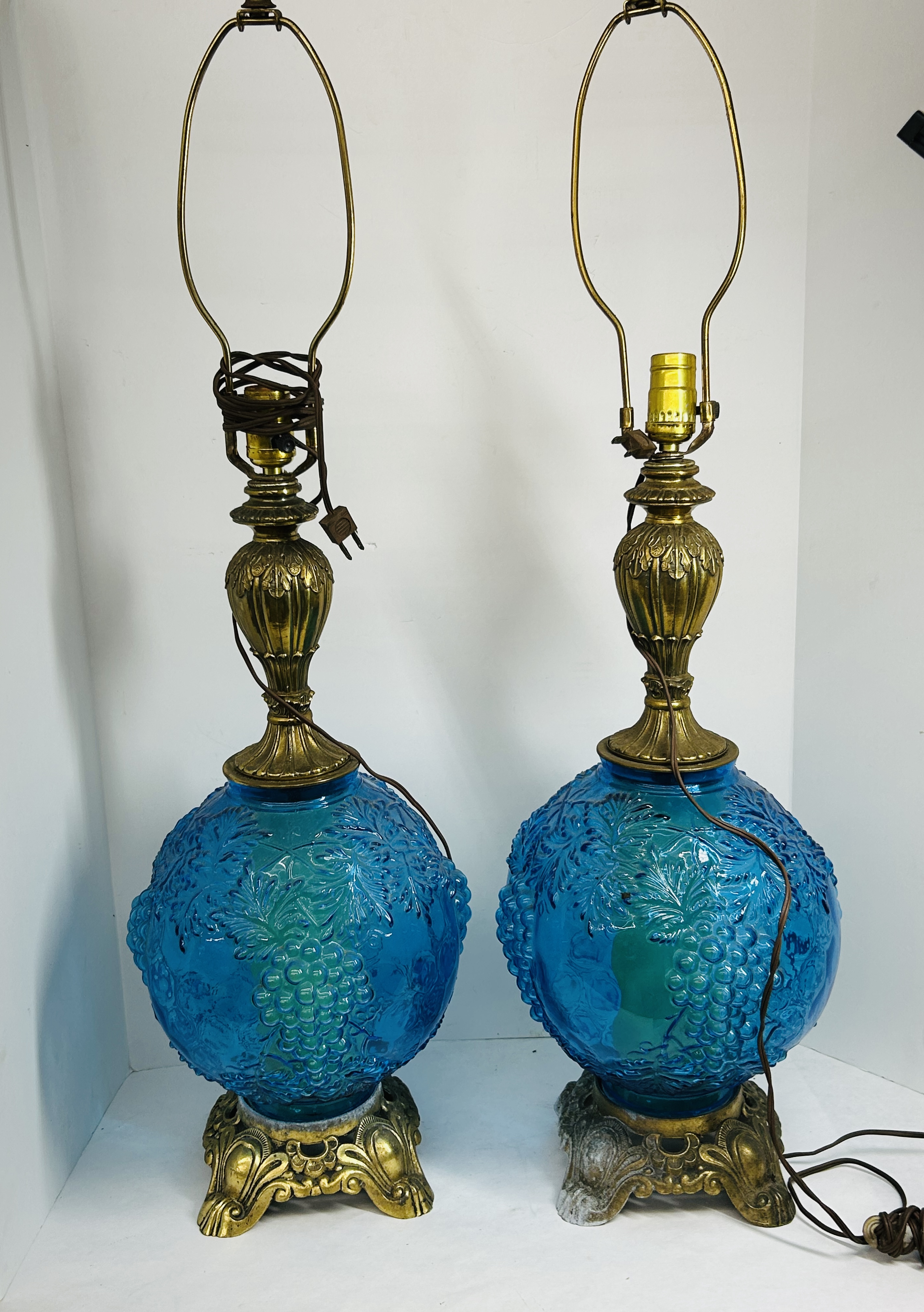 PAIR COBALT GLASS LAMPS, 1970S