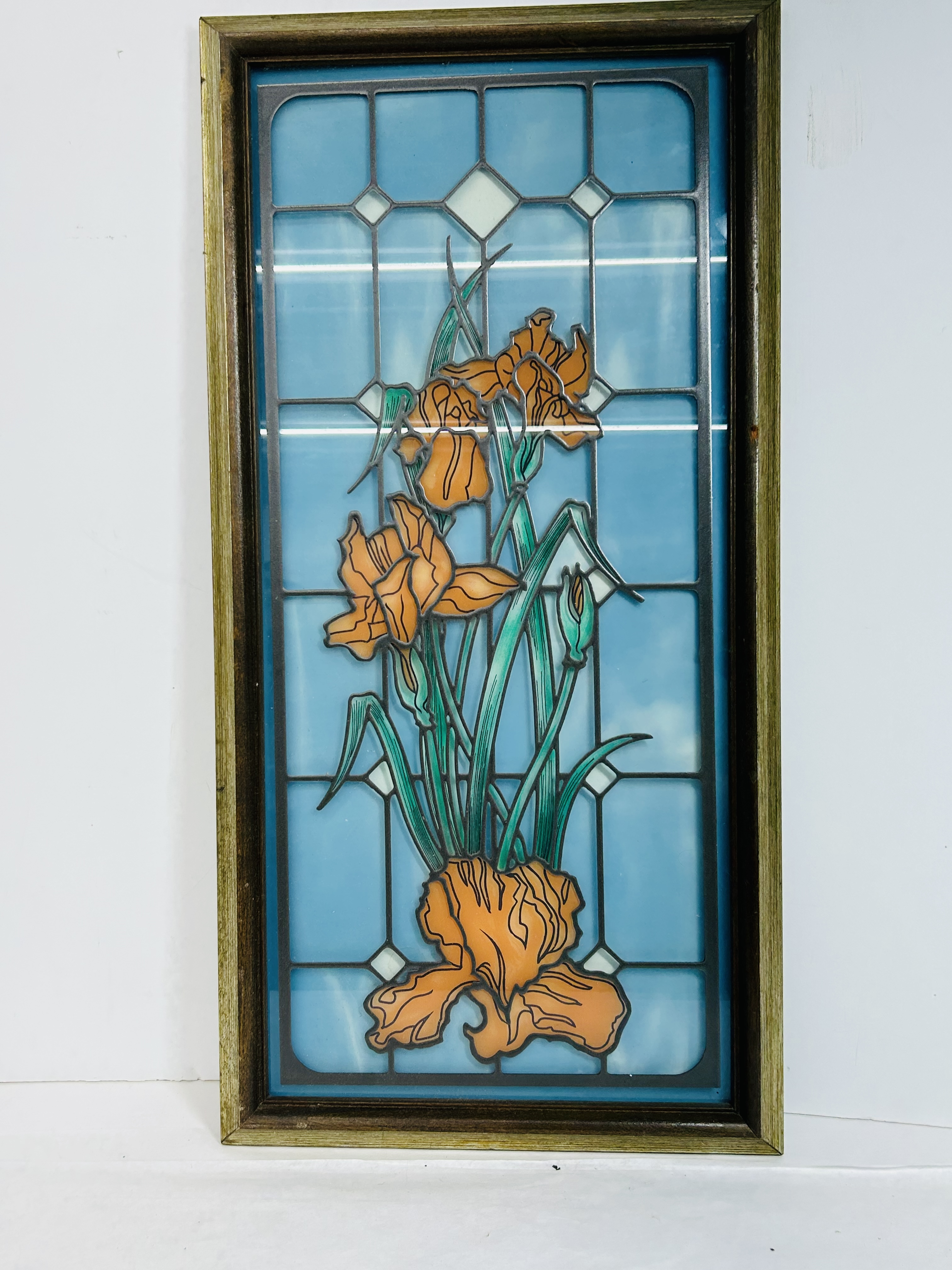 HOME INTERIORS IRIS GLASS PANEL, 1980S
