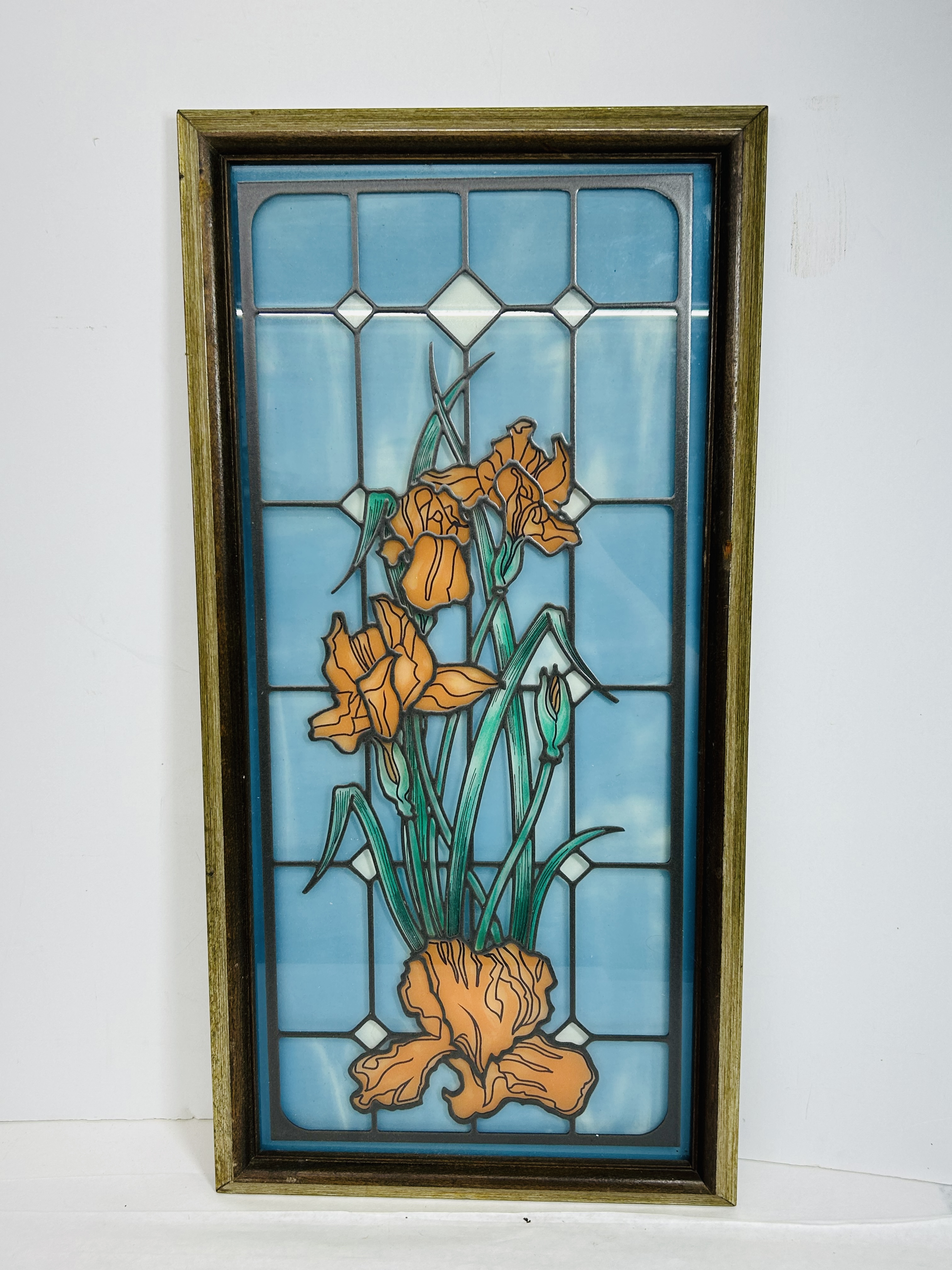 HOME INTERIORS IRIS GLASS PANEL, 1980S